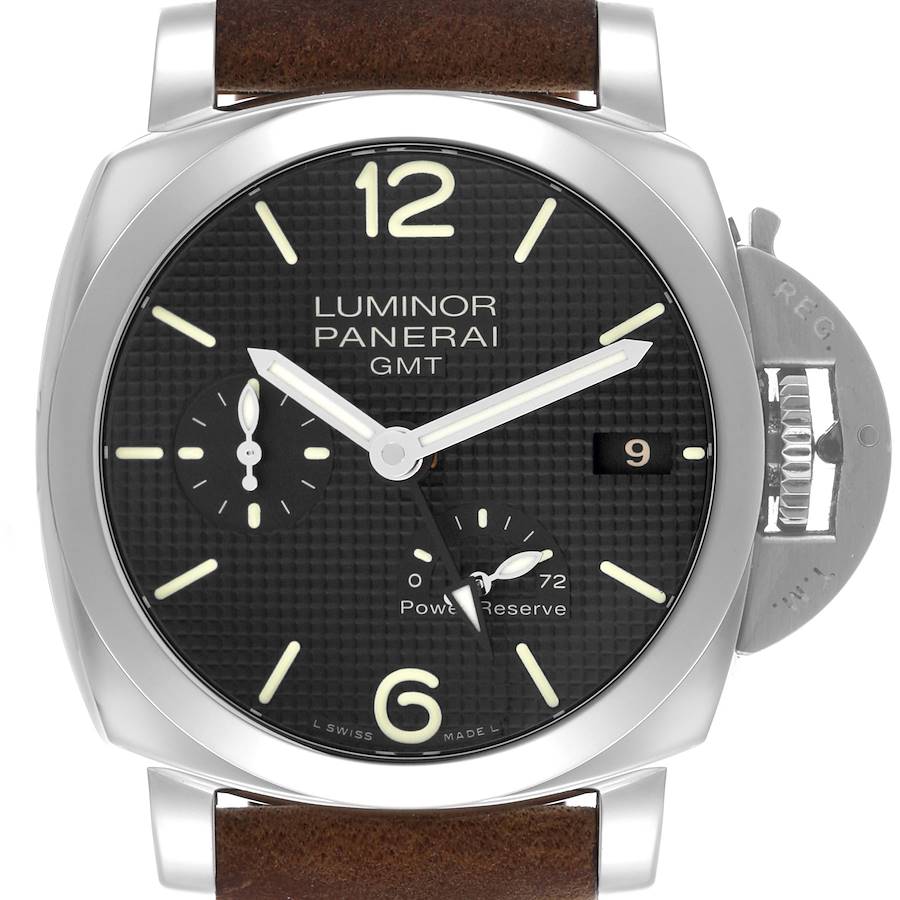 The Panerai Luminor watch is shown from the front, displaying the dial, crown guard, and strap.