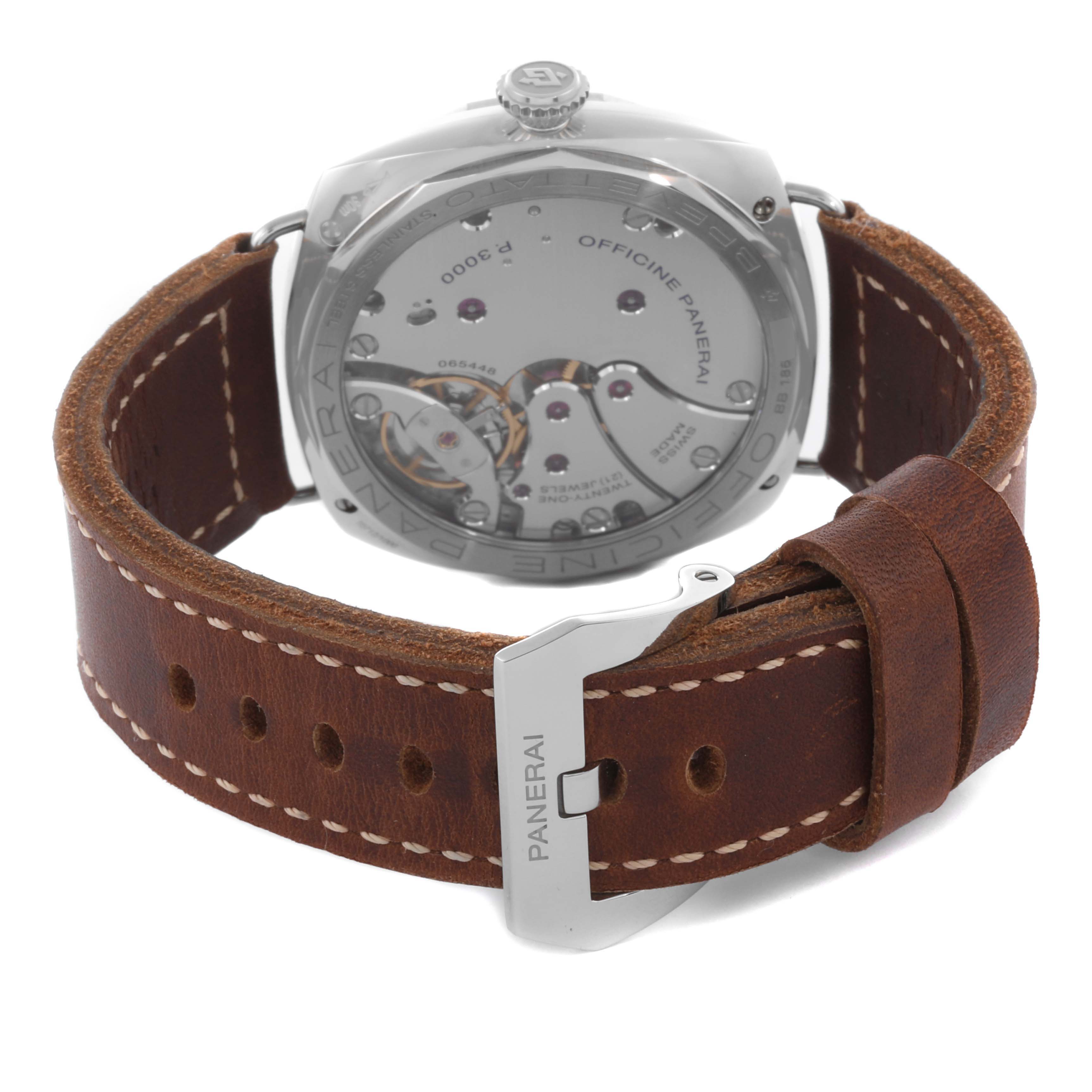 The image shows the back of the Panerai Luminor PAM00685 Men's Stainless Steel Black Dial PAM00685 Men's Stainless Steel Black Dial watch, highlighting the movement and brown leather strap.