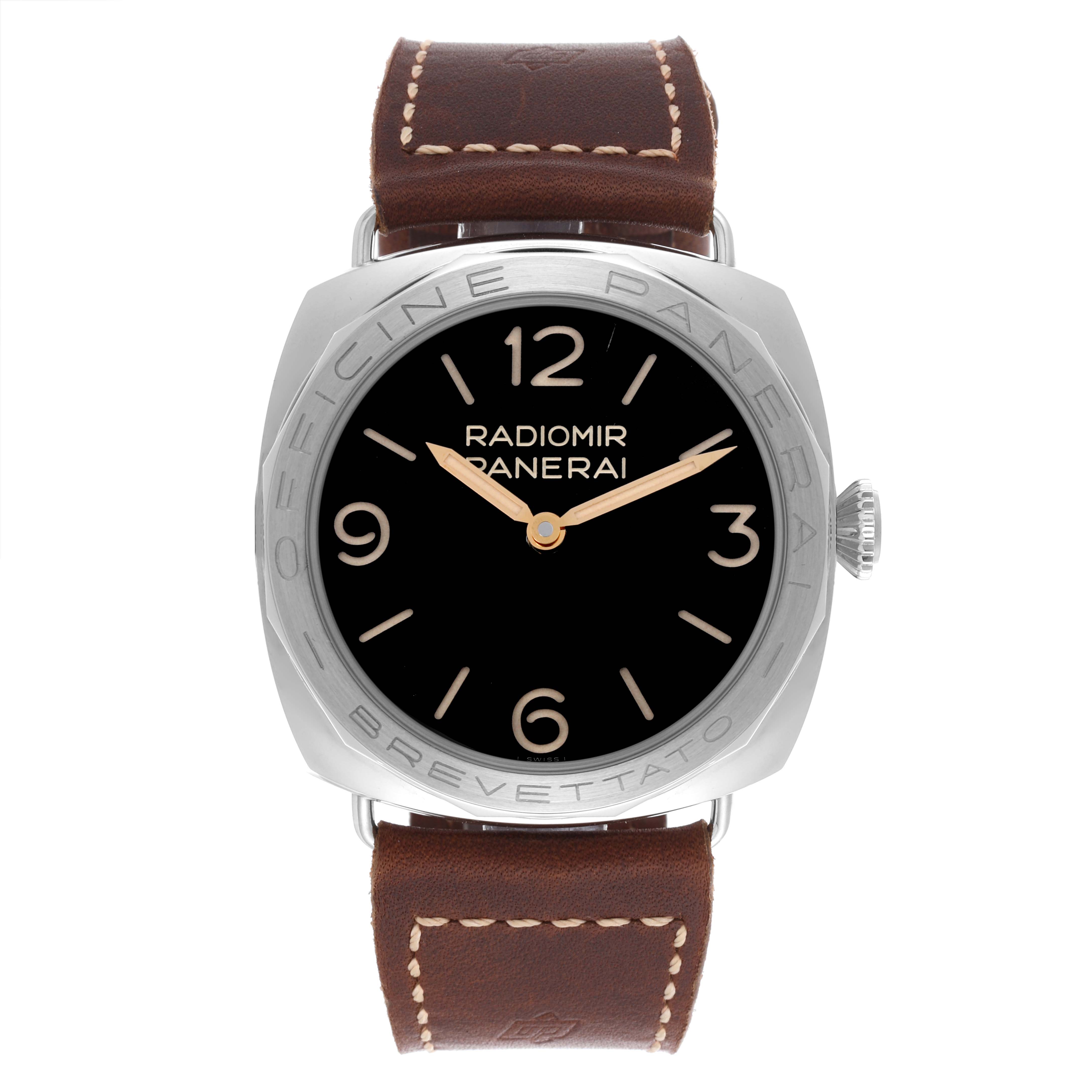 The Panerai Radiomir watch is shown from the front, highlighting the dial, bezel, crown, and leather strap.