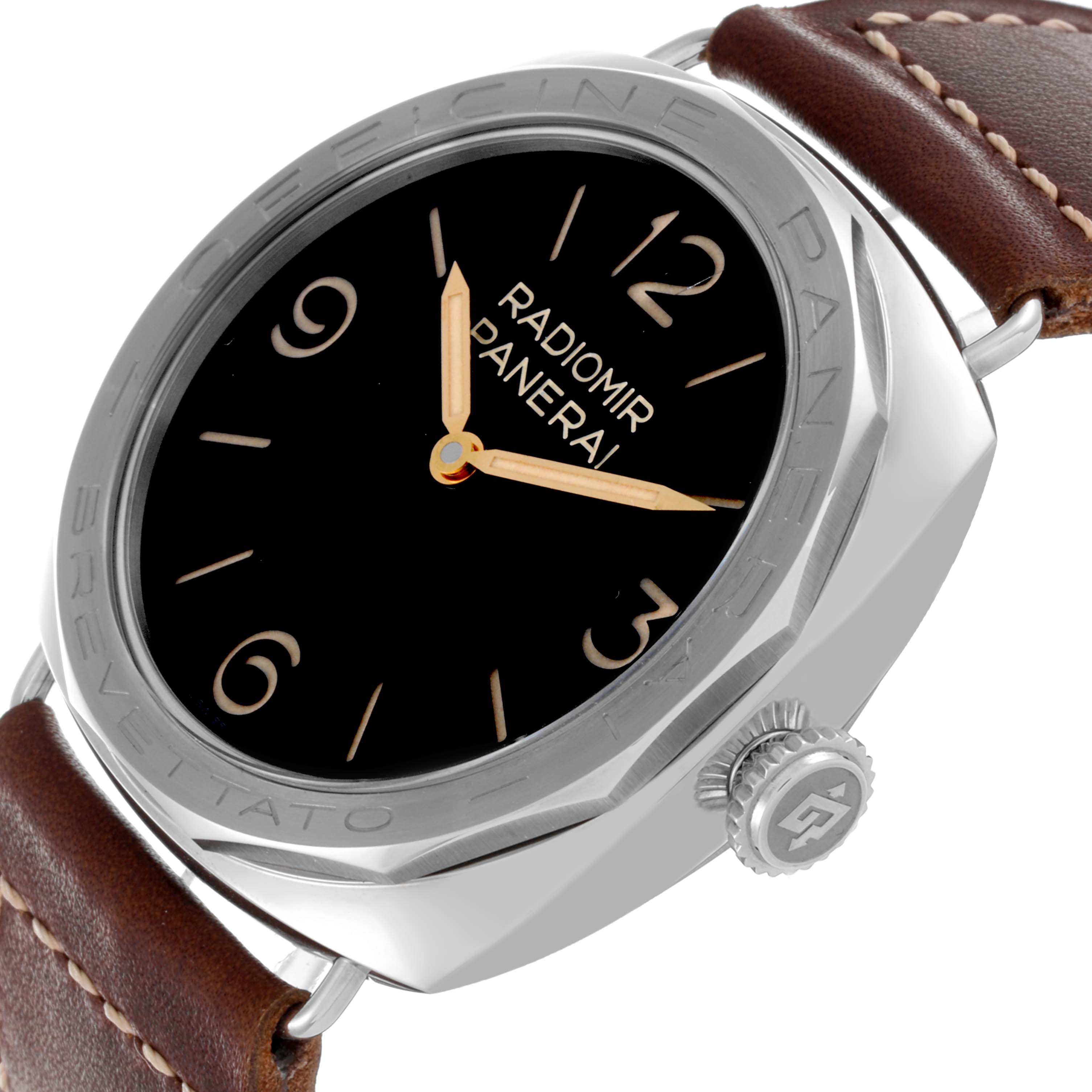 The Panerai Luminor PAM00685 Men's Stainless Steel Black Dial PAM00685 Men's Stainless Steel Black Dial watch is shown from an angled side view, highlighting the dial, bezel, crown, and leather strap.