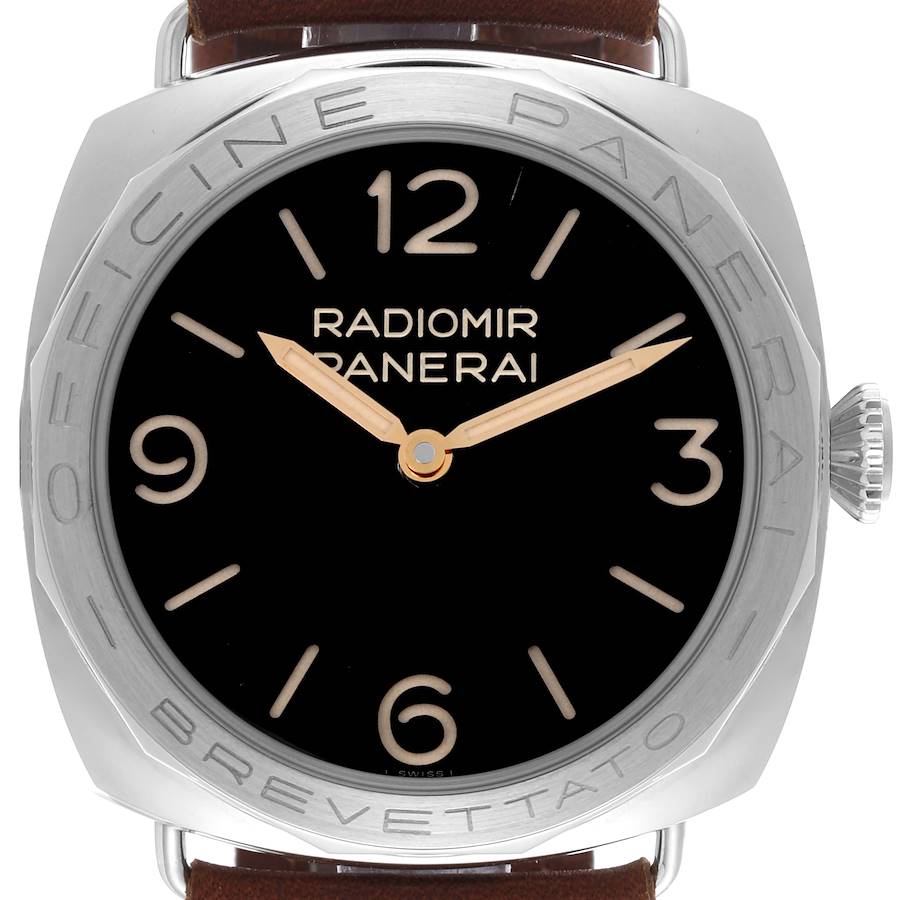 The image shows a front view of the Panerai Radiomir watch face, highlighting the dial, hands, and bezel.