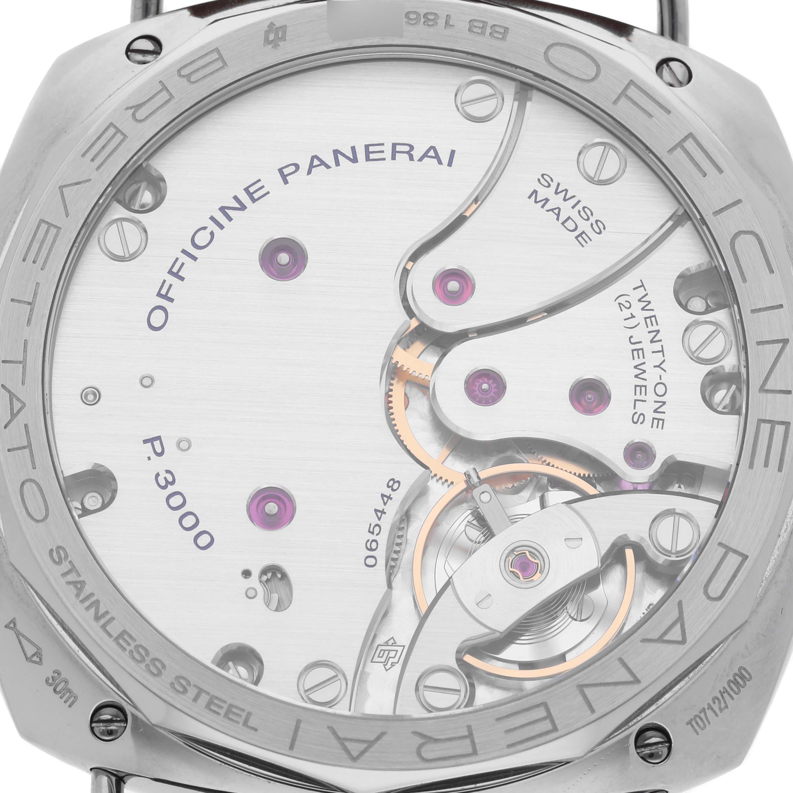 The image shows the back view of a Panerai Luminor PAM00685 Men's Stainless Steel Black Dial PAM00685 Men's Stainless Steel Black Dial watch, highlighting the movement and inscription details.