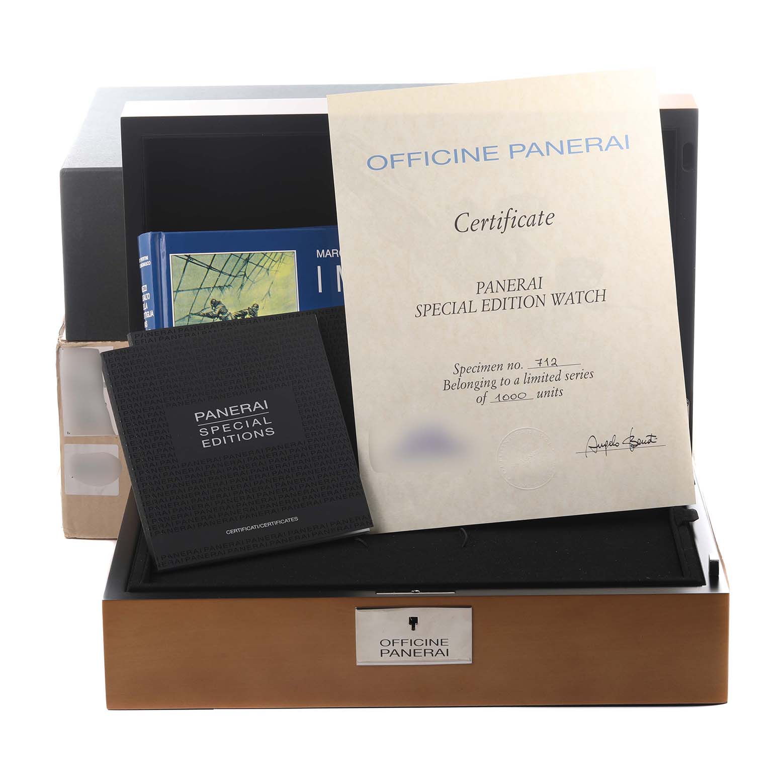 The image shows the packaging and certificate for a Panerai Luminor PAM00685 Men's Stainless Steel Black Dial PAM00685 Men's Stainless Steel Black Dial special edition watch.