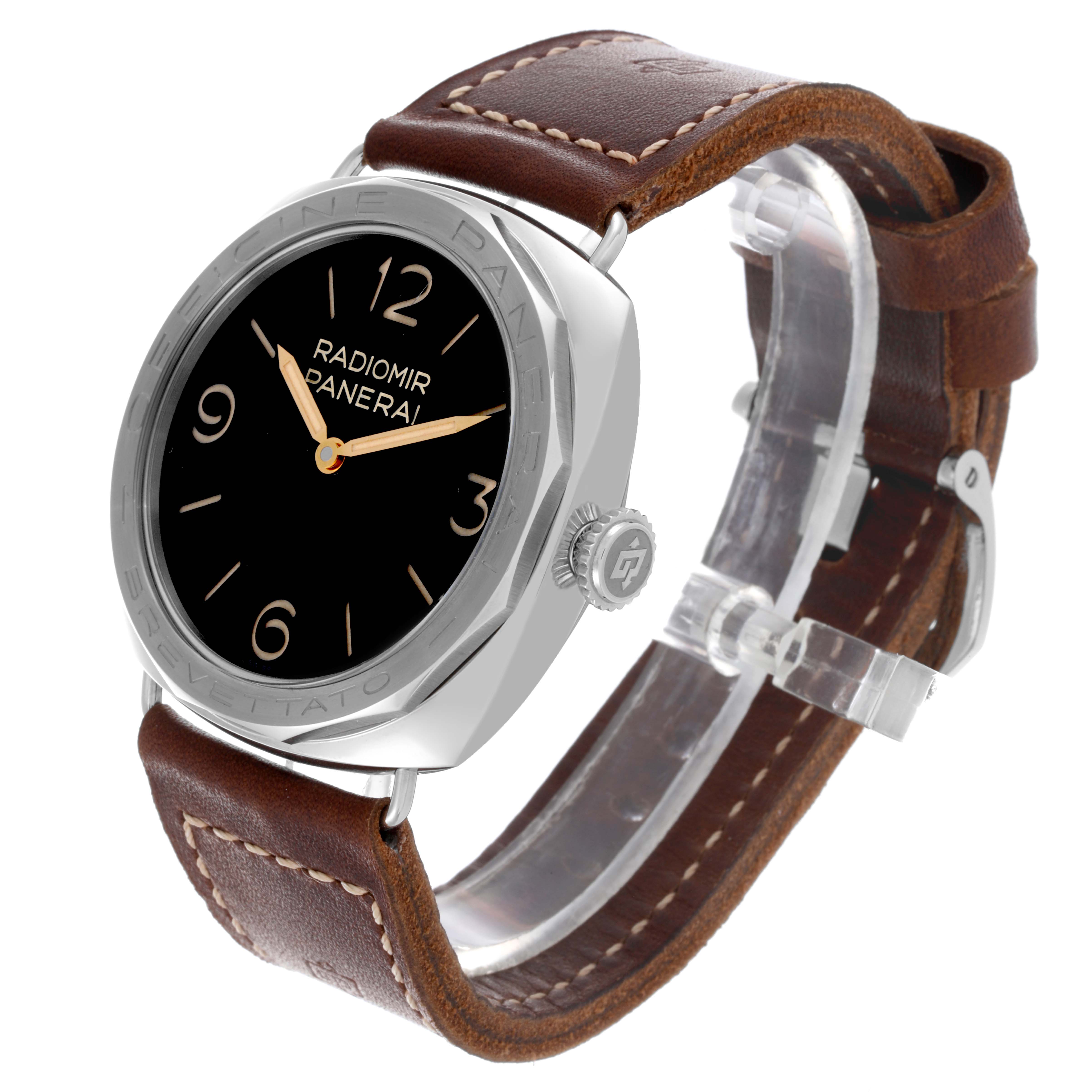 The Panerai Luminor PAM00685 Men's Stainless Steel Black Dial PAM00685 Men's Stainless Steel Black Dial watch is shown at a three-quarter angle, highlighting the case, crown, and leather strap.