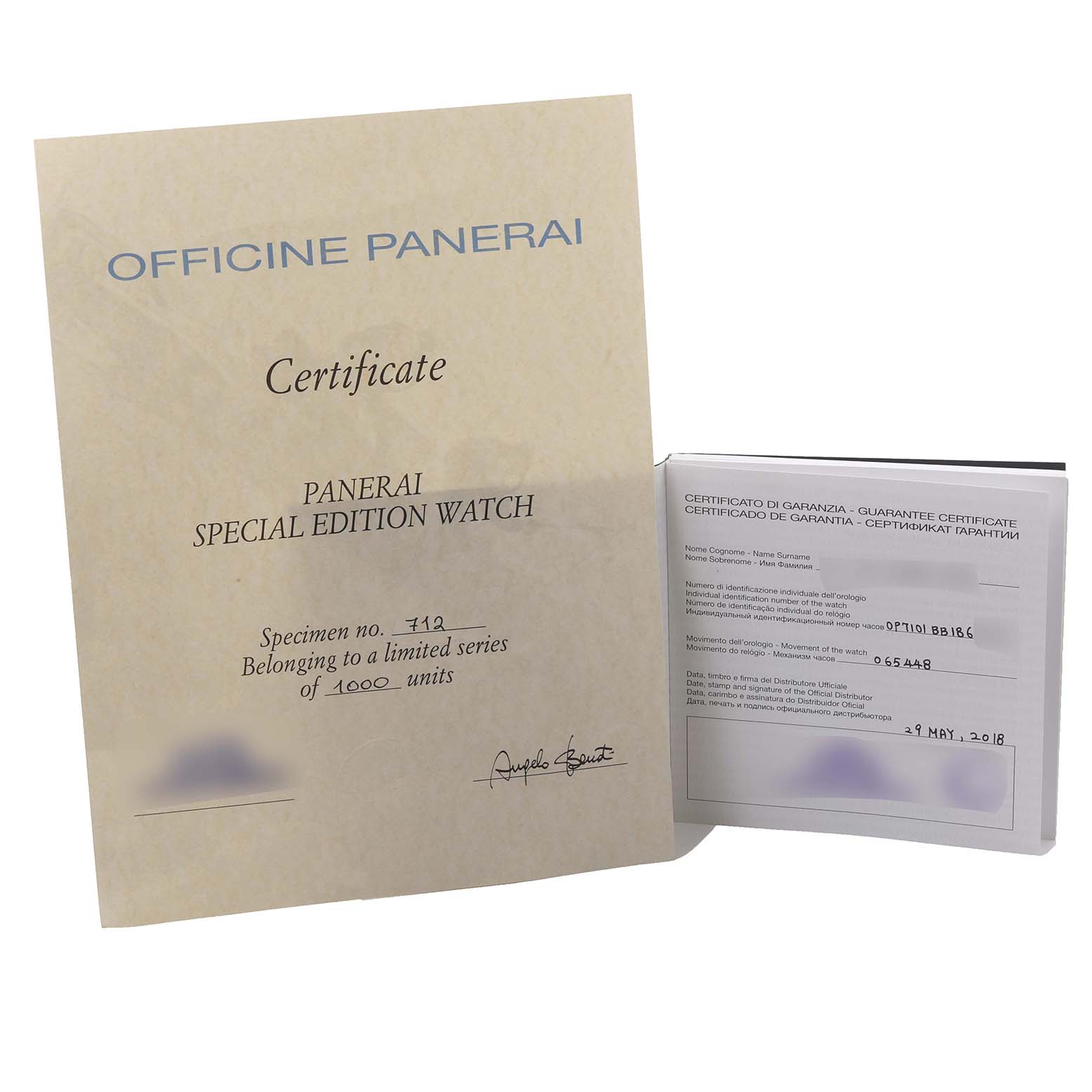 The image shows a Panerai Luminor PAM00685 Men's Stainless Steel Black Dial PAM00685 Men's Stainless Steel Black Dial certificate and a guarantee booklet, displayed from the front.