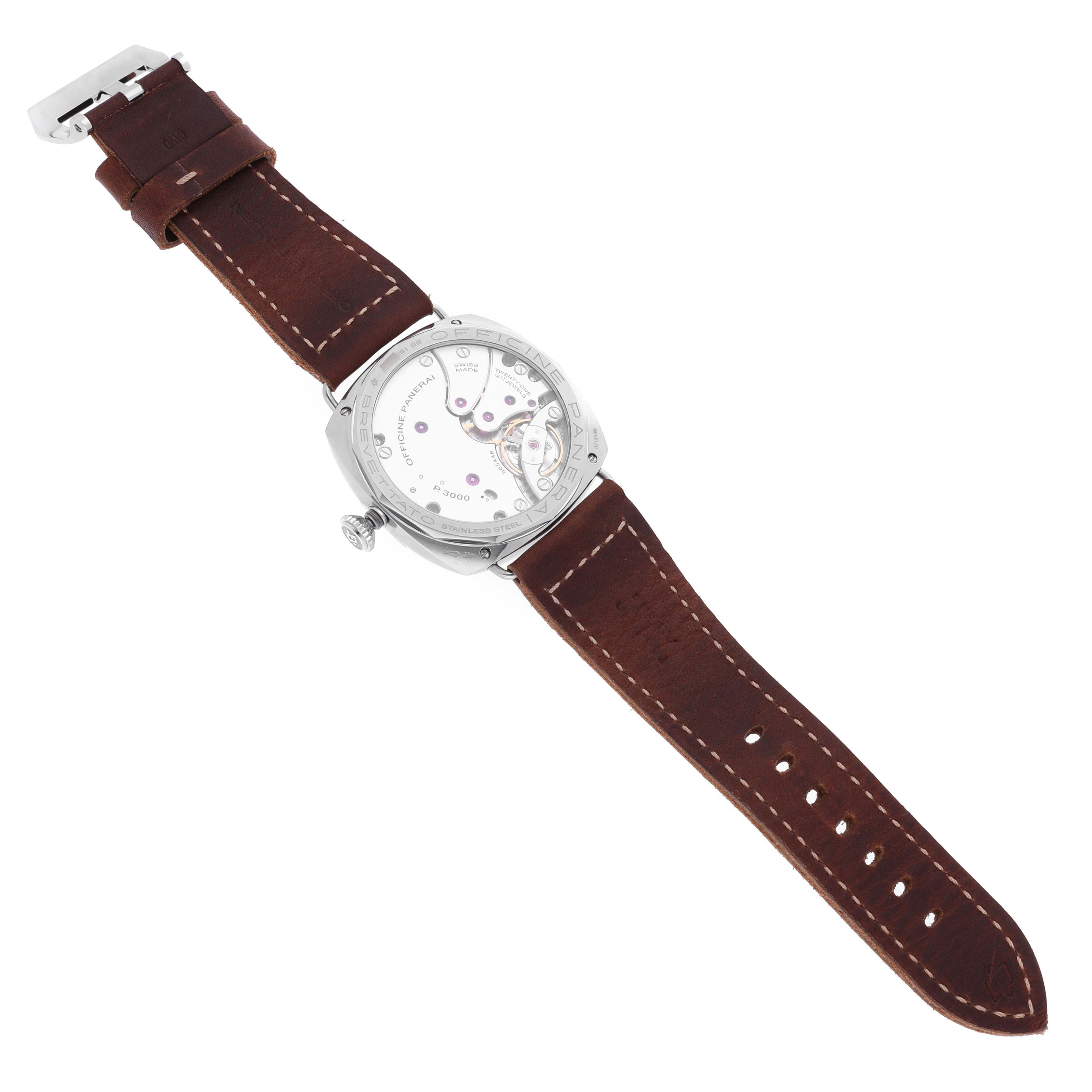 The Panerai Luminor PAM00685 Men's Stainless Steel Black Dial PAM00685 Men's Stainless Steel Black Dial watch is shown from the back, displaying the movement and brown leather strap.