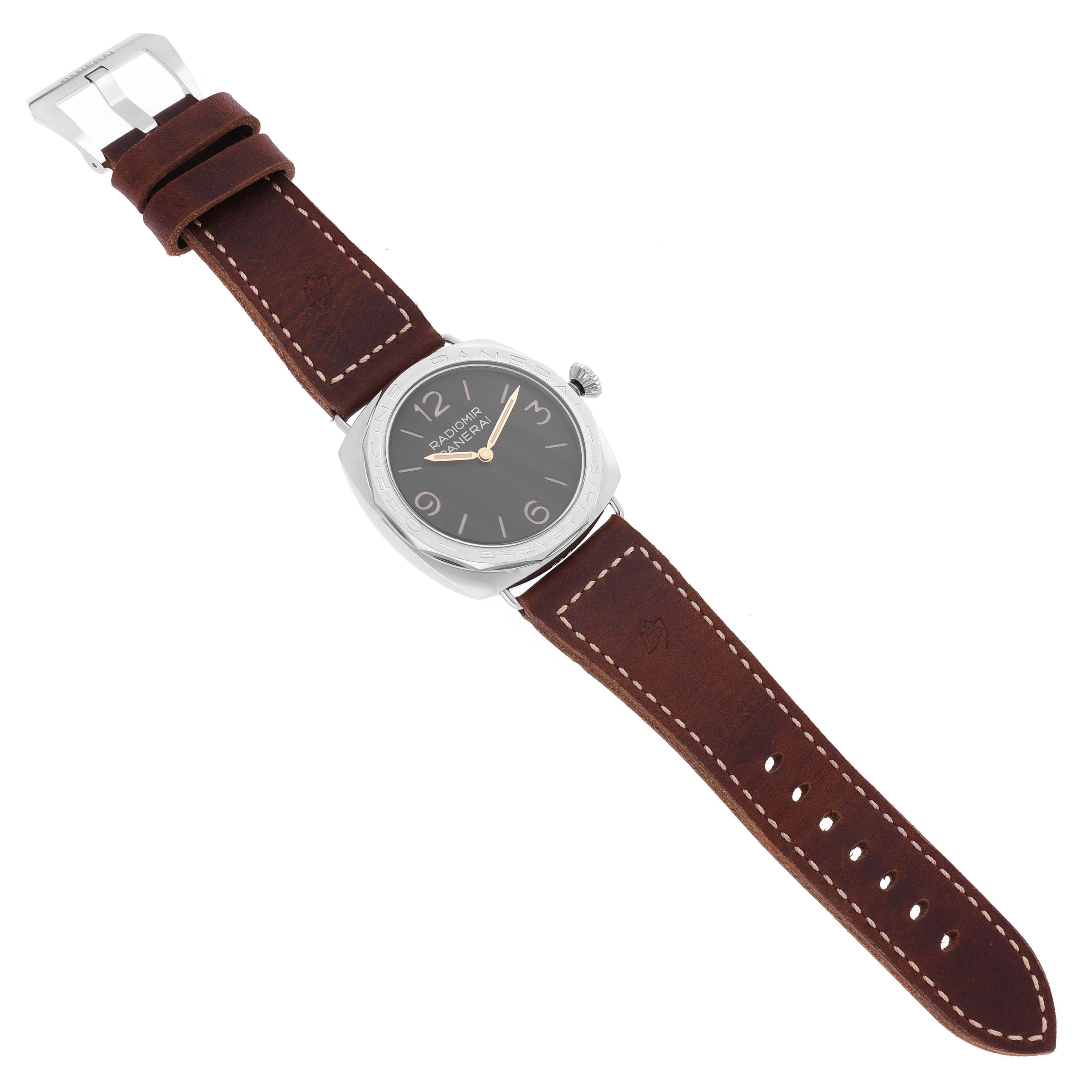 The Panerai Luminor PAM00685 Men's Stainless Steel Black Dial PAM00685 Men's Stainless Steel Black Dial watch is shown from an overhead angle, displaying the face and brown leather strap.