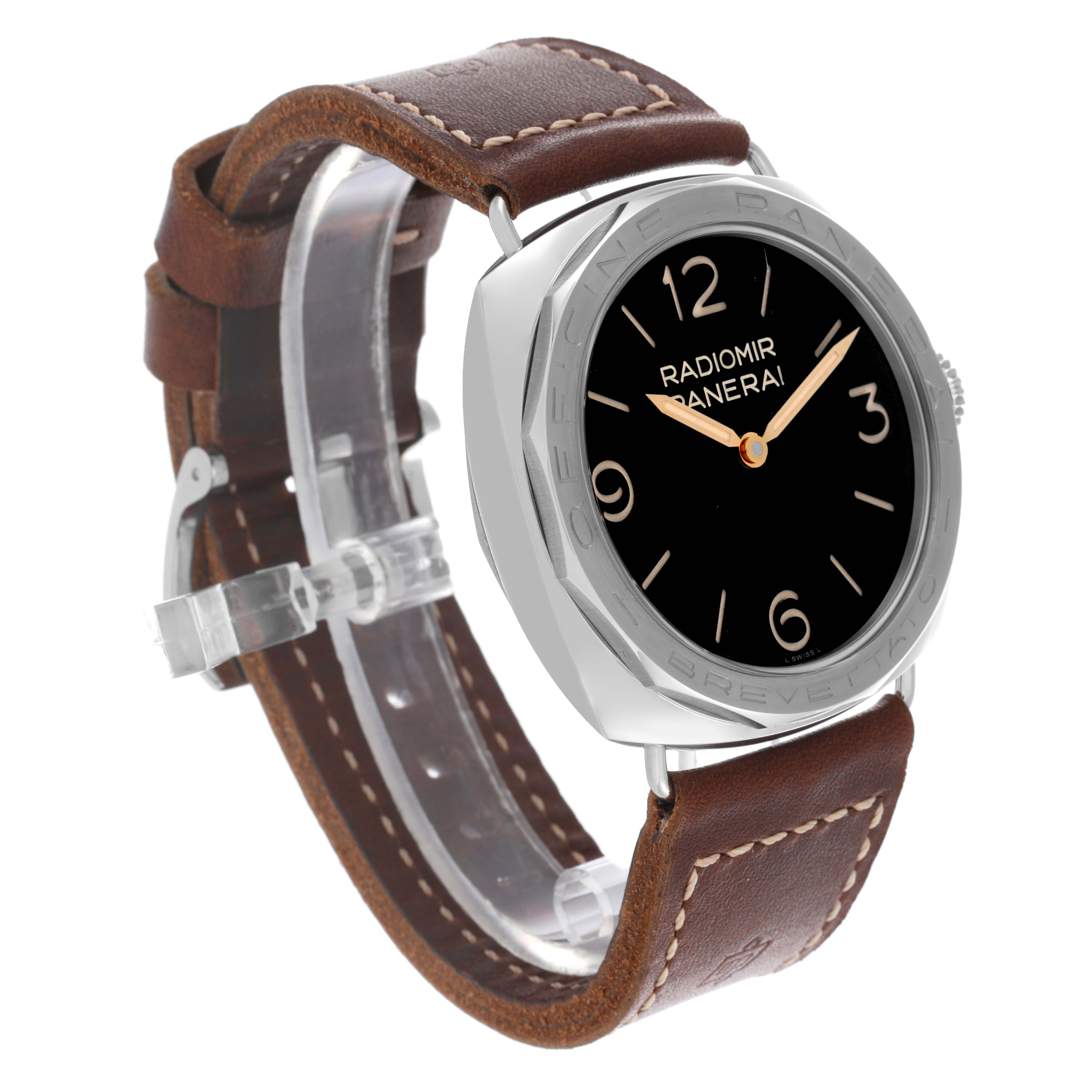 The Panerai Luminor PAM00685 Men's Stainless Steel Black Dial PAM00685 Men's Stainless Steel Black Dial watch is shown at a three-quarter angle, displaying the face, bezel, and brown leather strap.