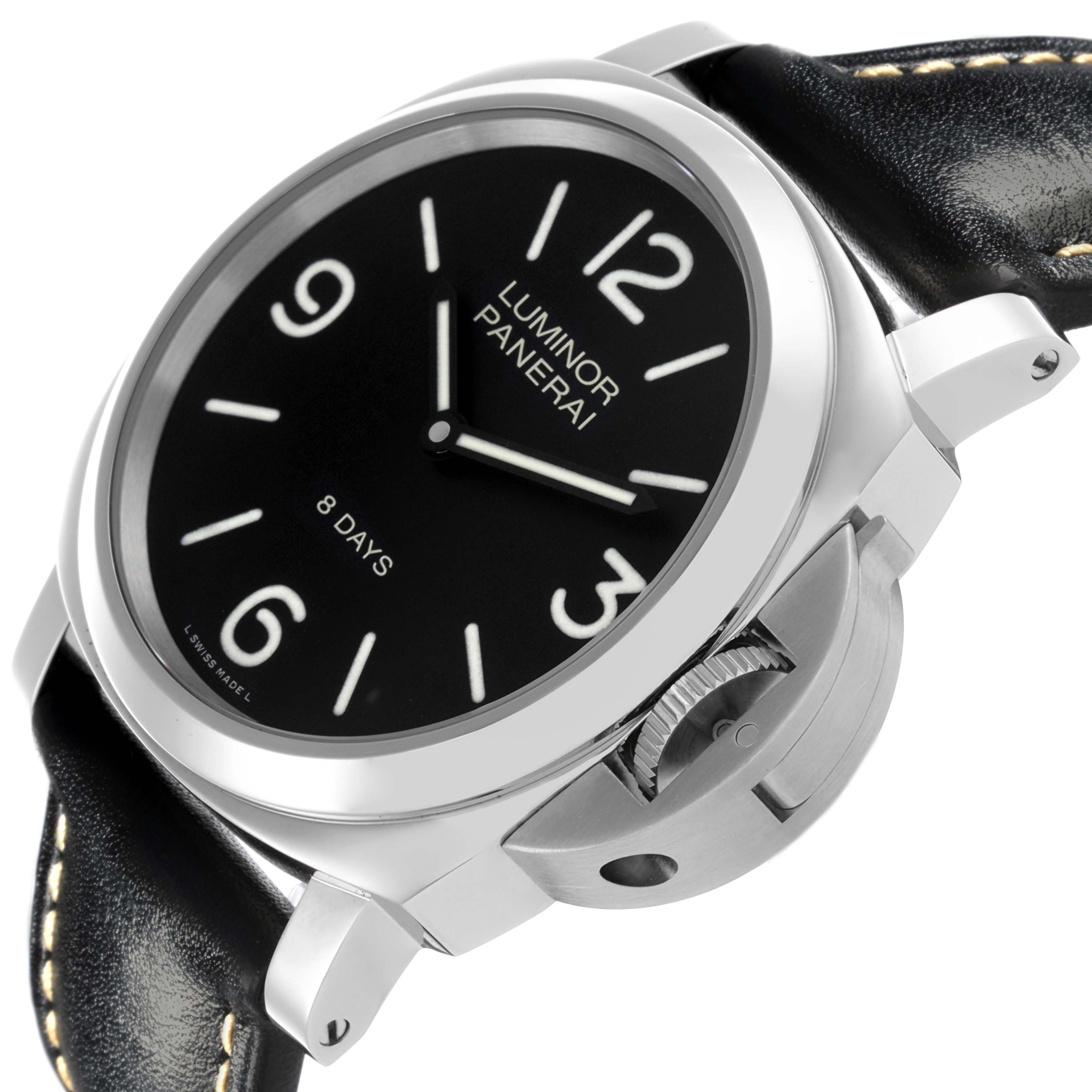 The image shows a side angle of the Panerai Luminor PAM00560 Men's Stainless Steel Black Dial PAM00560 Men's Stainless Steel Black Dial watch, highlighting its crown guard and leather strap.