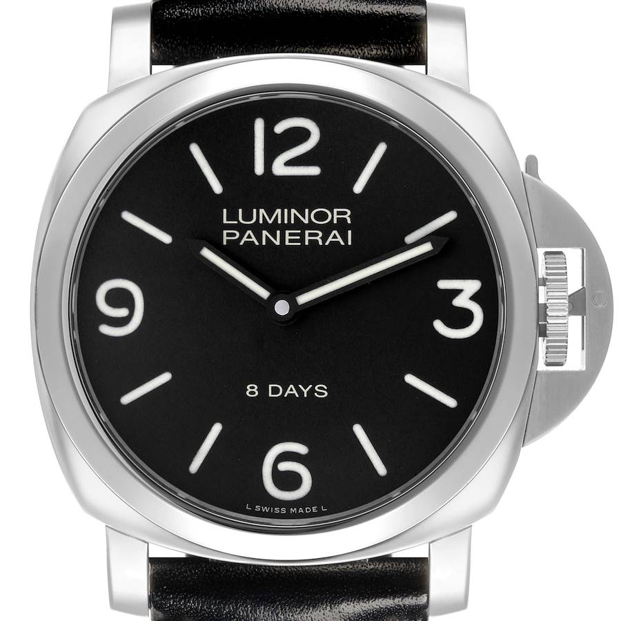 The Luminor Panerai watch is shown from a front angle, highlighting the face and crown guard.