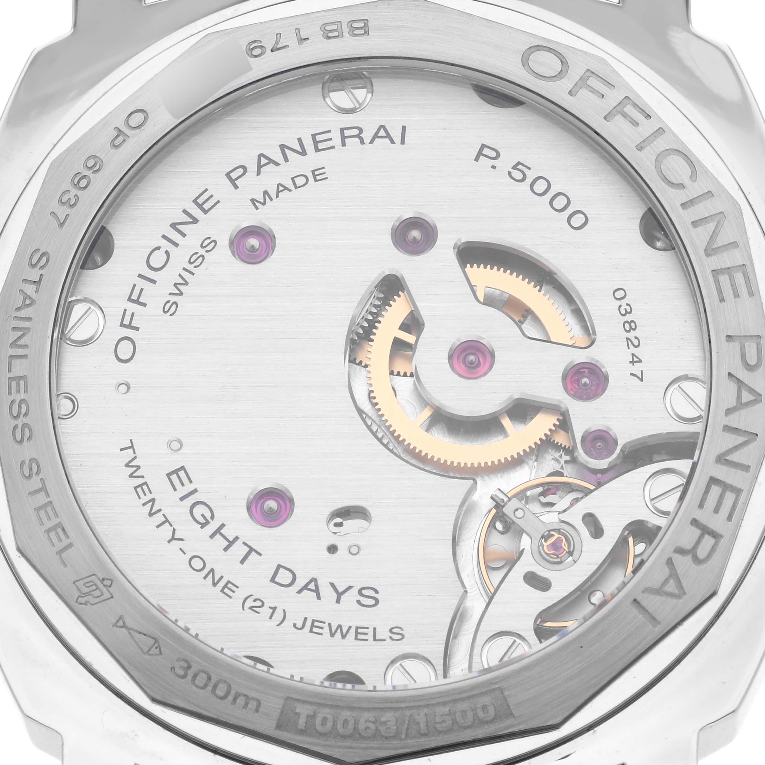 This image shows the back view of a Panerai Luminor PAM00560 Men's Stainless Steel Black Dial PAM00560 Men's Stainless Steel Black Dial, highlighting its P.5000 movement.