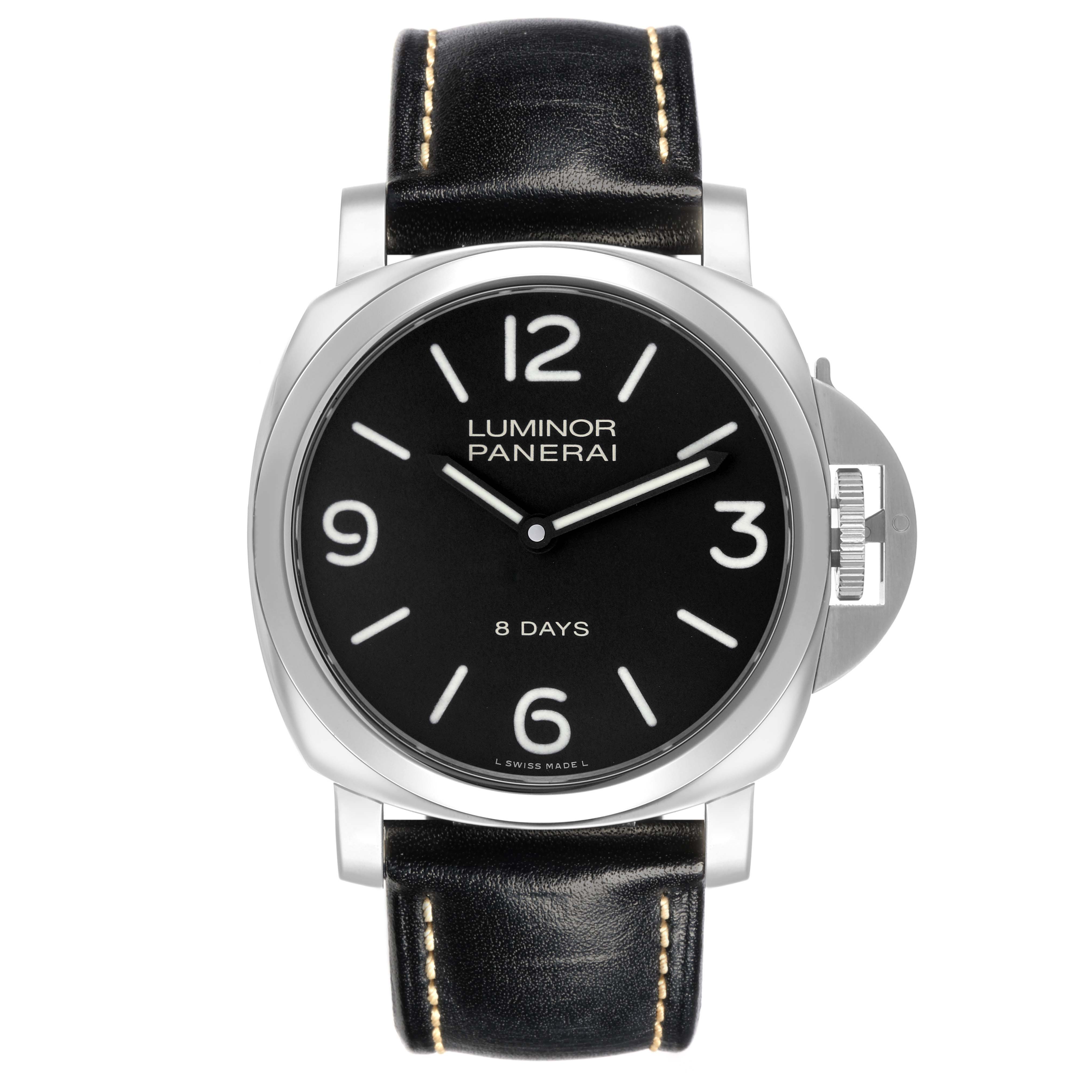 The image shows a front view of the Panerai Luminor PAM00560 Men's Stainless Steel Black Dial PAM00560 Men's Stainless Steel Black Dial watch, highlighting the dial, case, crown guard, and leather strap.
