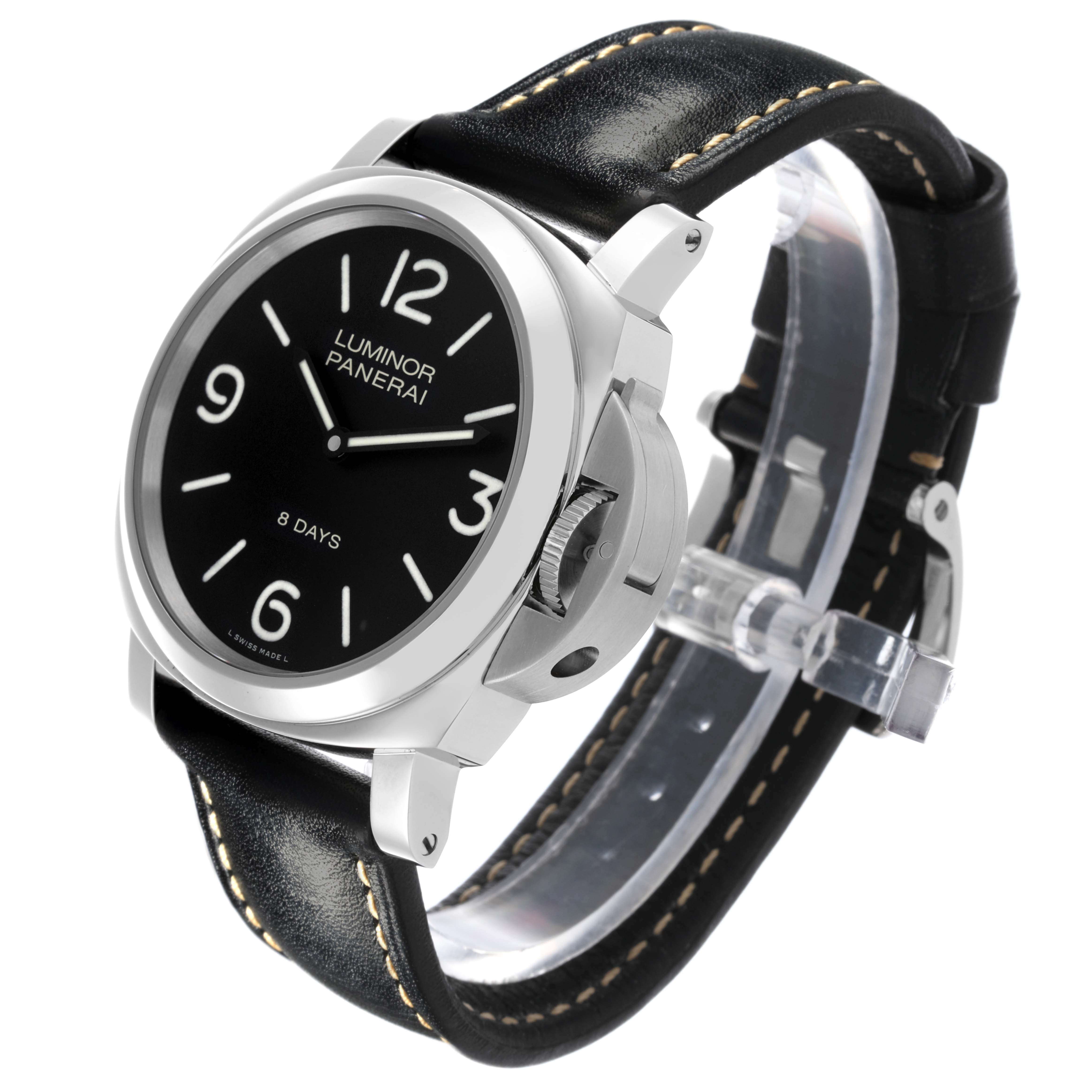 The Panerai Luminor PAM00560 Men's Stainless Steel Black Dial PAM00560 Men's Stainless Steel Black Dial watch is shown at a three-quarter angle, highlighting the face, crown guard, and black leather strap.