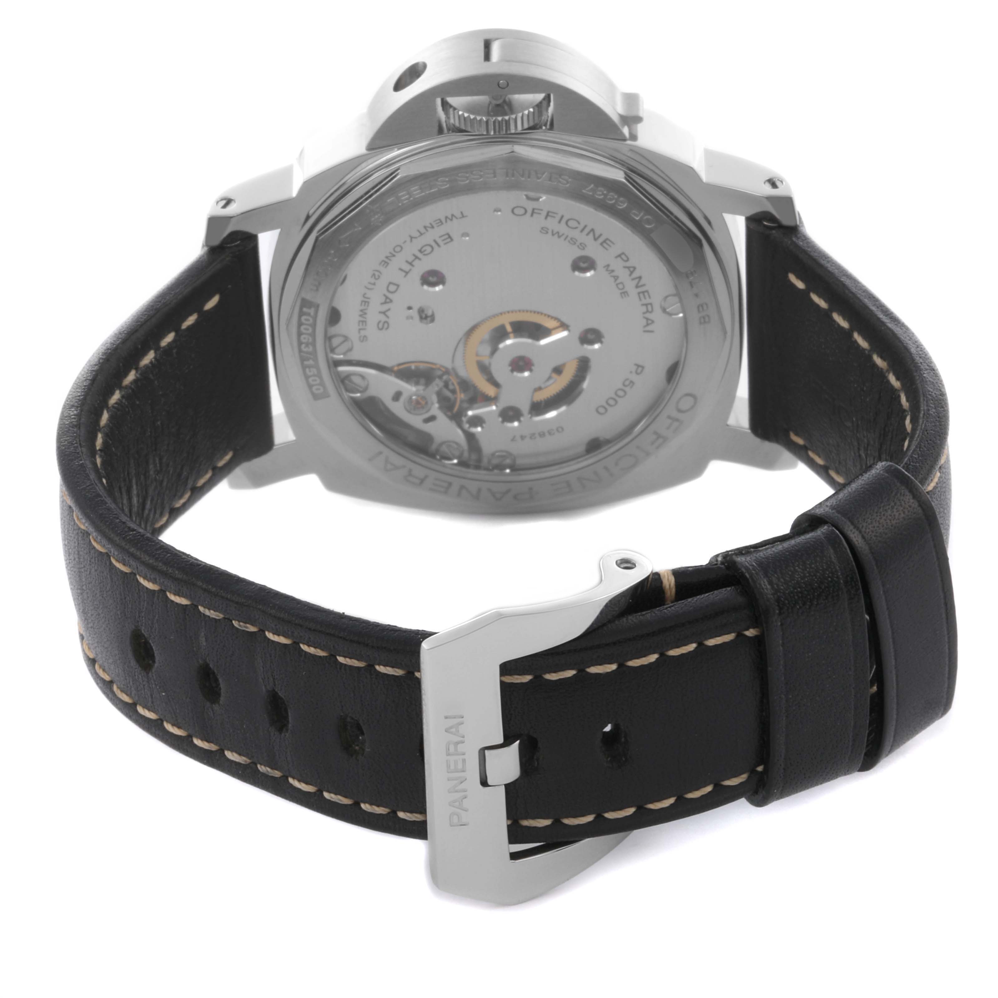 The image shows the back of the Panerai Luminor PAM00560 Men's Stainless Steel Black Dial PAM00560 Men's Stainless Steel Black Dial watch, highlighting the movement and leather strap with buckle.