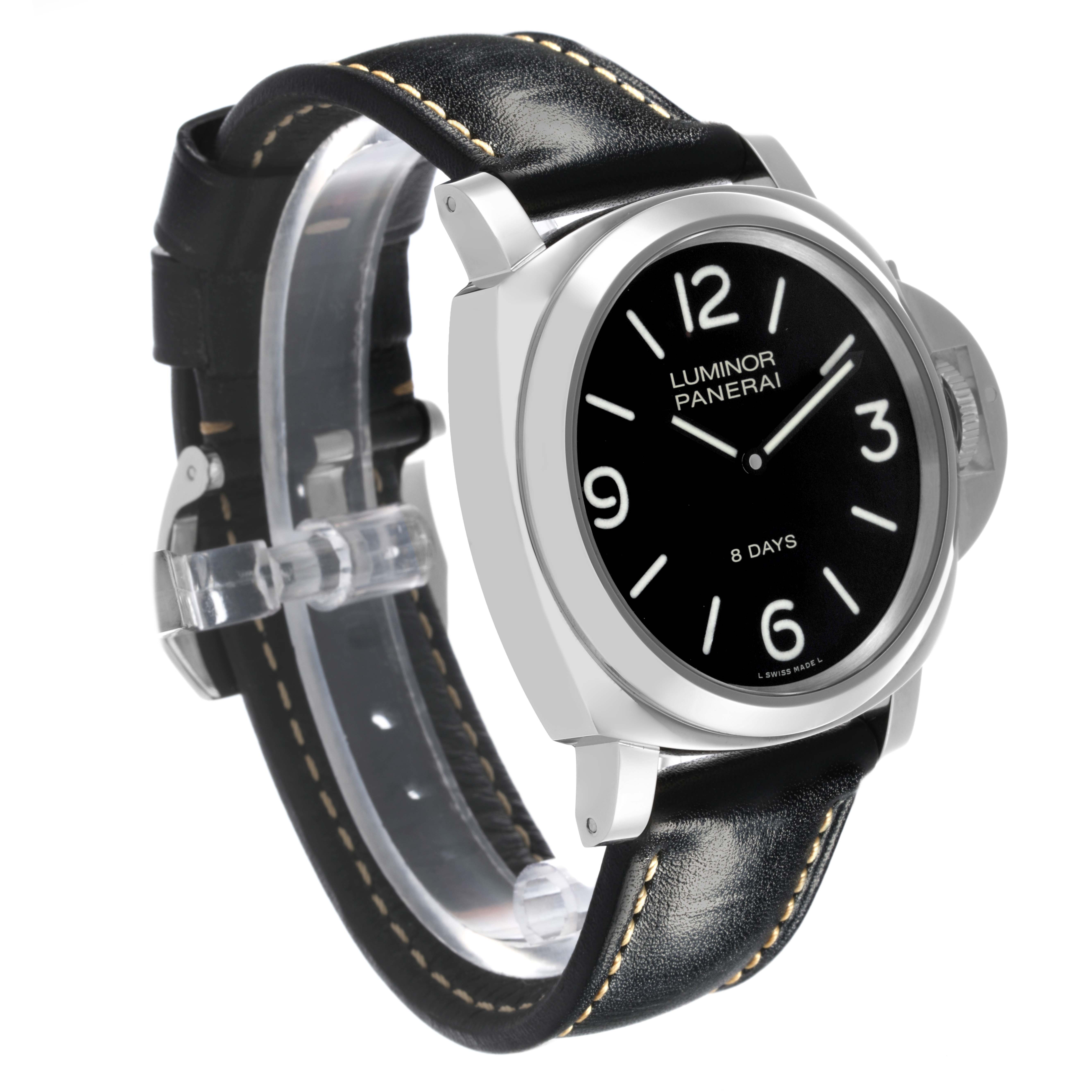The Panerai Luminor PAM00560 Men's Stainless Steel Black Dial PAM00560 Men's Stainless Steel Black Dial watch is shown at a slight angle, displaying the face, case, and leather strap.