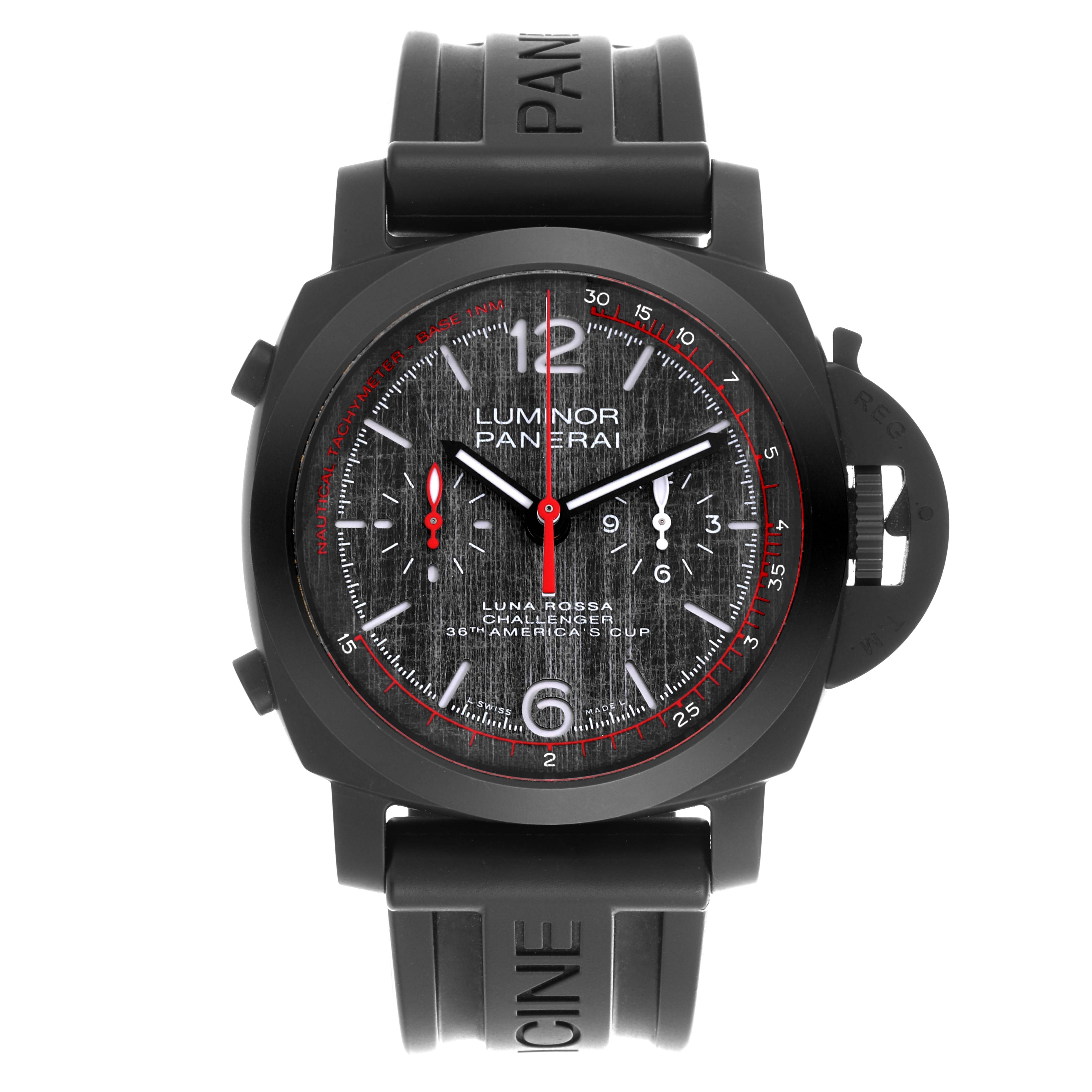 The image shows a front view of the Panerai Luminor PAM01037 Men's Ceramic Grey Dial PAM01037 Men's Ceramic Grey Dial watch, highlighting its dial, bezel, case, and strap.