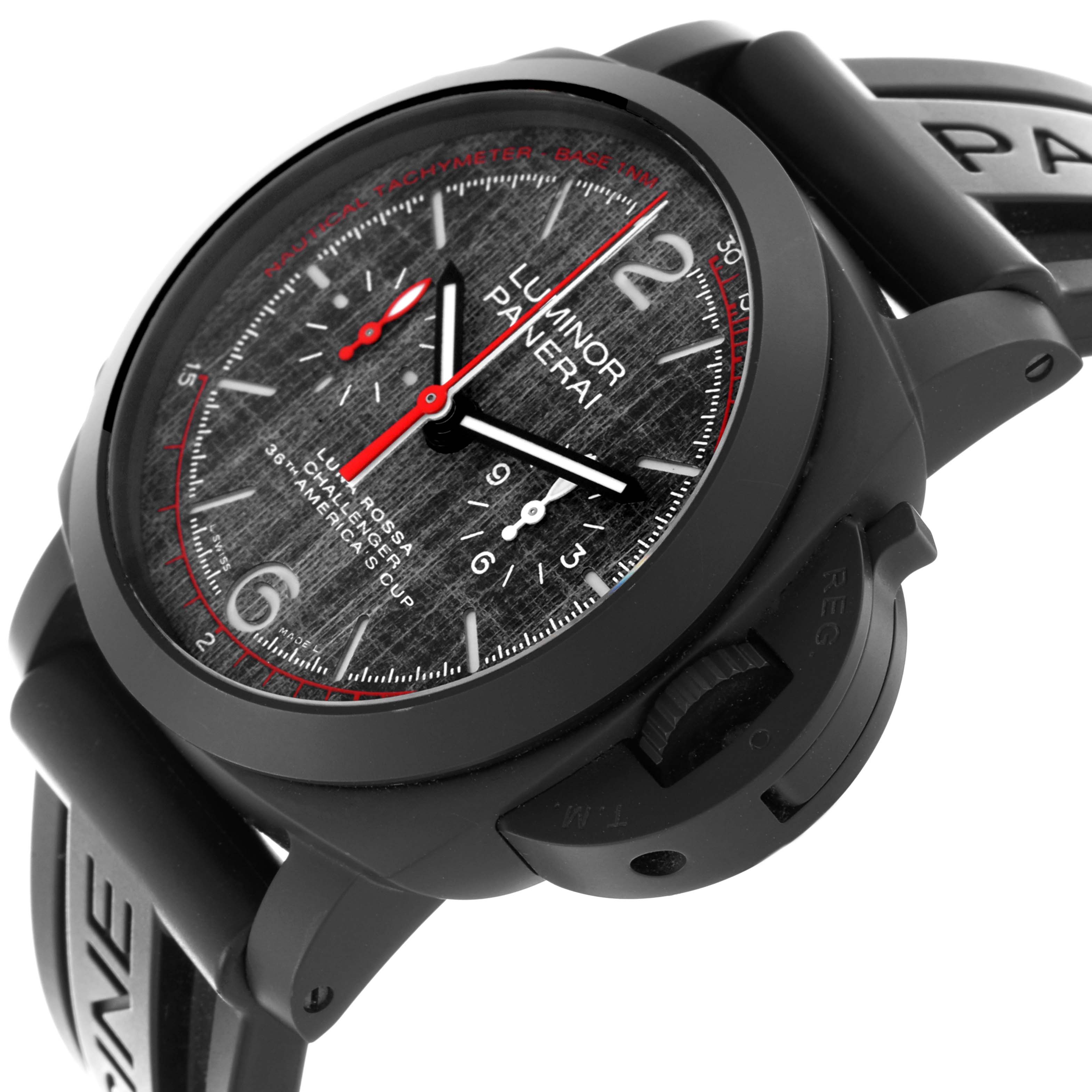 The Panerai Luminor PAM01037 Men's Ceramic Grey Dial PAM01037 Men's Ceramic Grey Dial watch is shown from a side angle highlighting the case, dial, and strap.