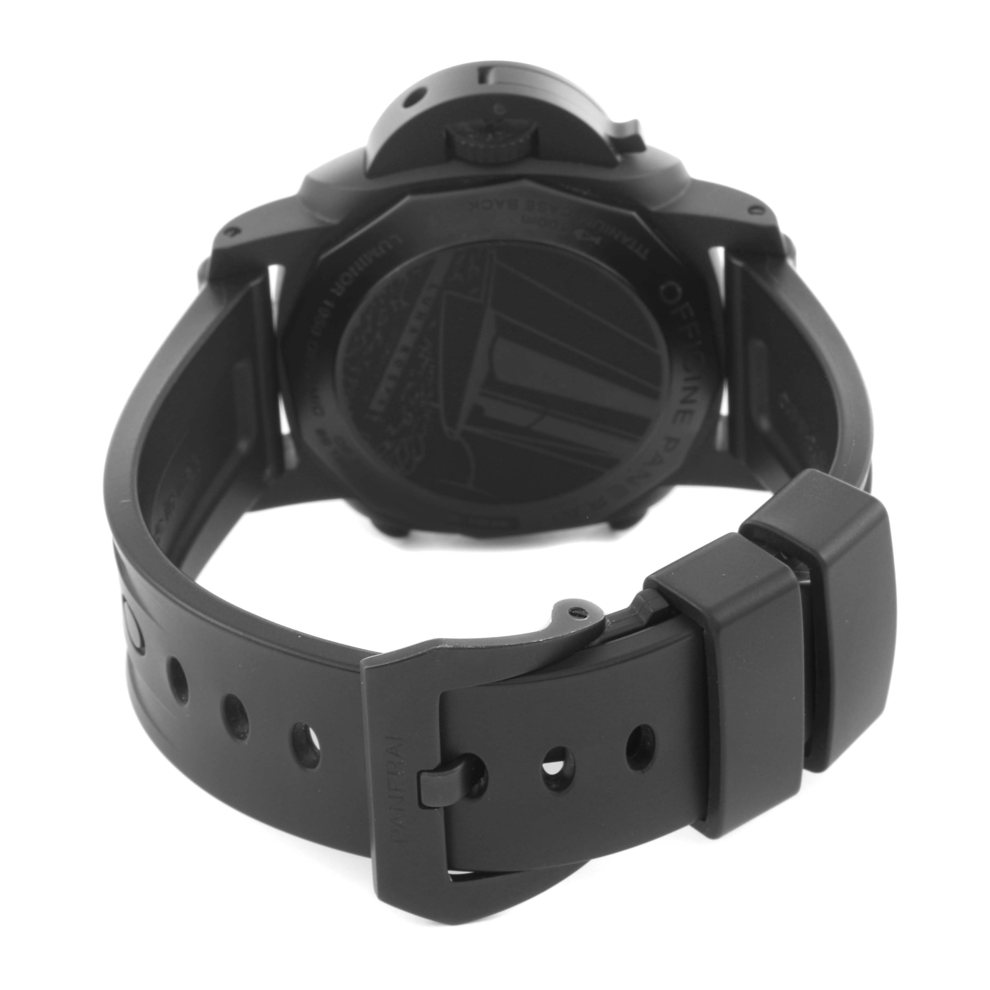 The image shows the back of a Panerai Luminor PAM01037 Men's Ceramic Grey Dial PAM01037 Men's Ceramic Grey Dial watch, highlighting the case back and black rubber strap with buckle.