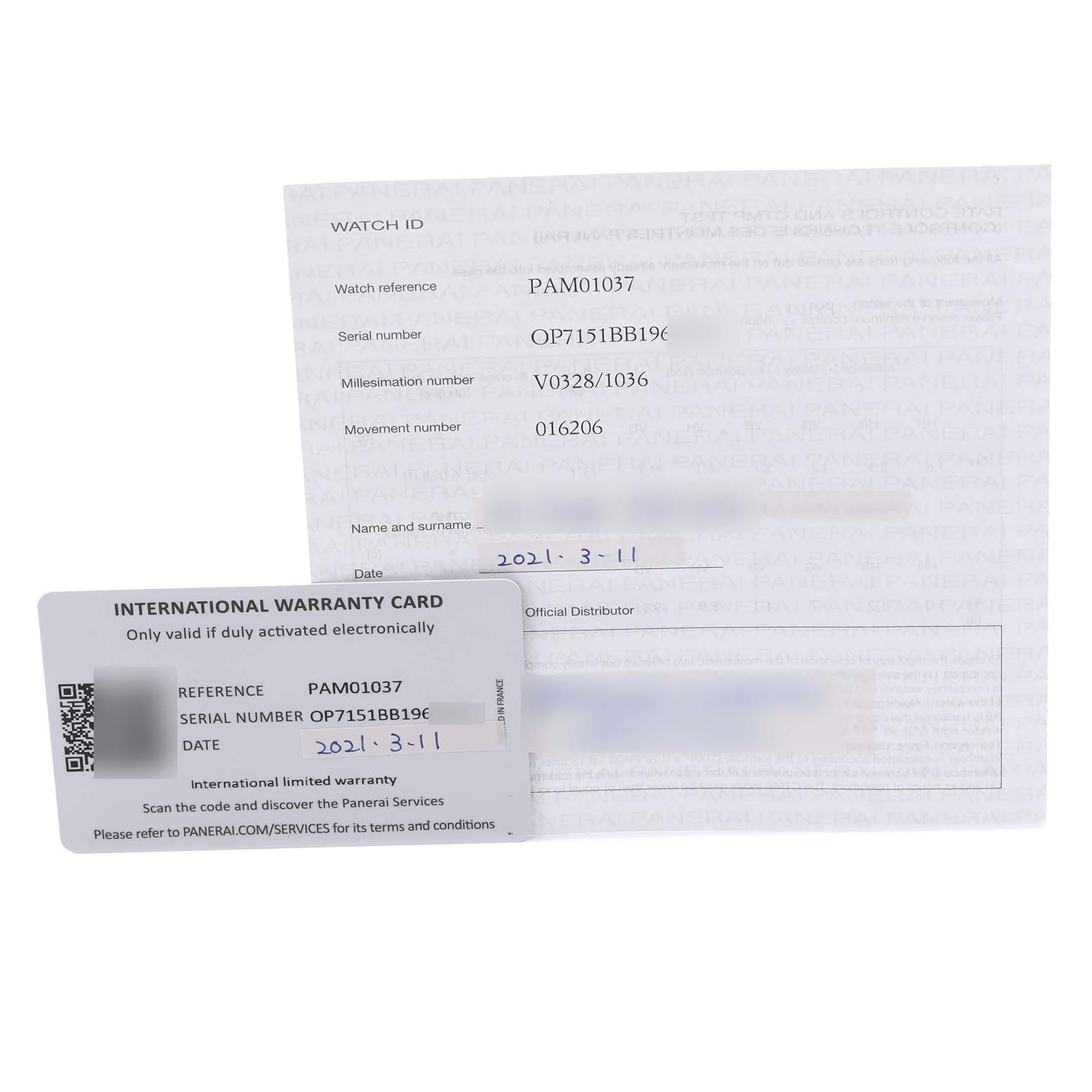 The image shows the warranty card and documentation for the Panerai Luminor PAM01037 Men's Ceramic Grey Dial PAM01037 Men's Ceramic Grey Dial model.