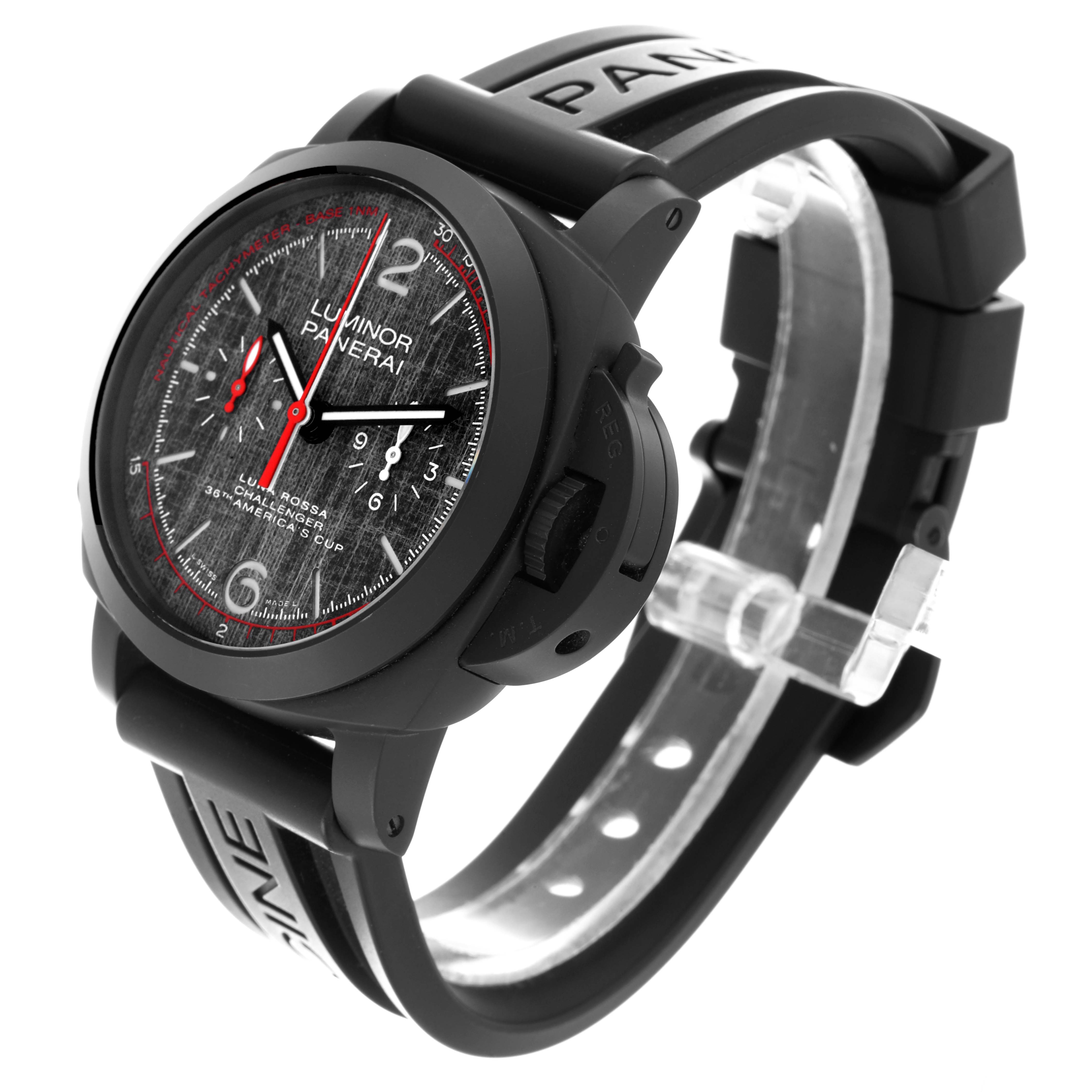 The Panerai Luminor PAM01037 Men's Ceramic Grey Dial PAM01037 Men's Ceramic Grey Dial watch is shown at a three-quarter angle, highlighting the dial, case, and strap.