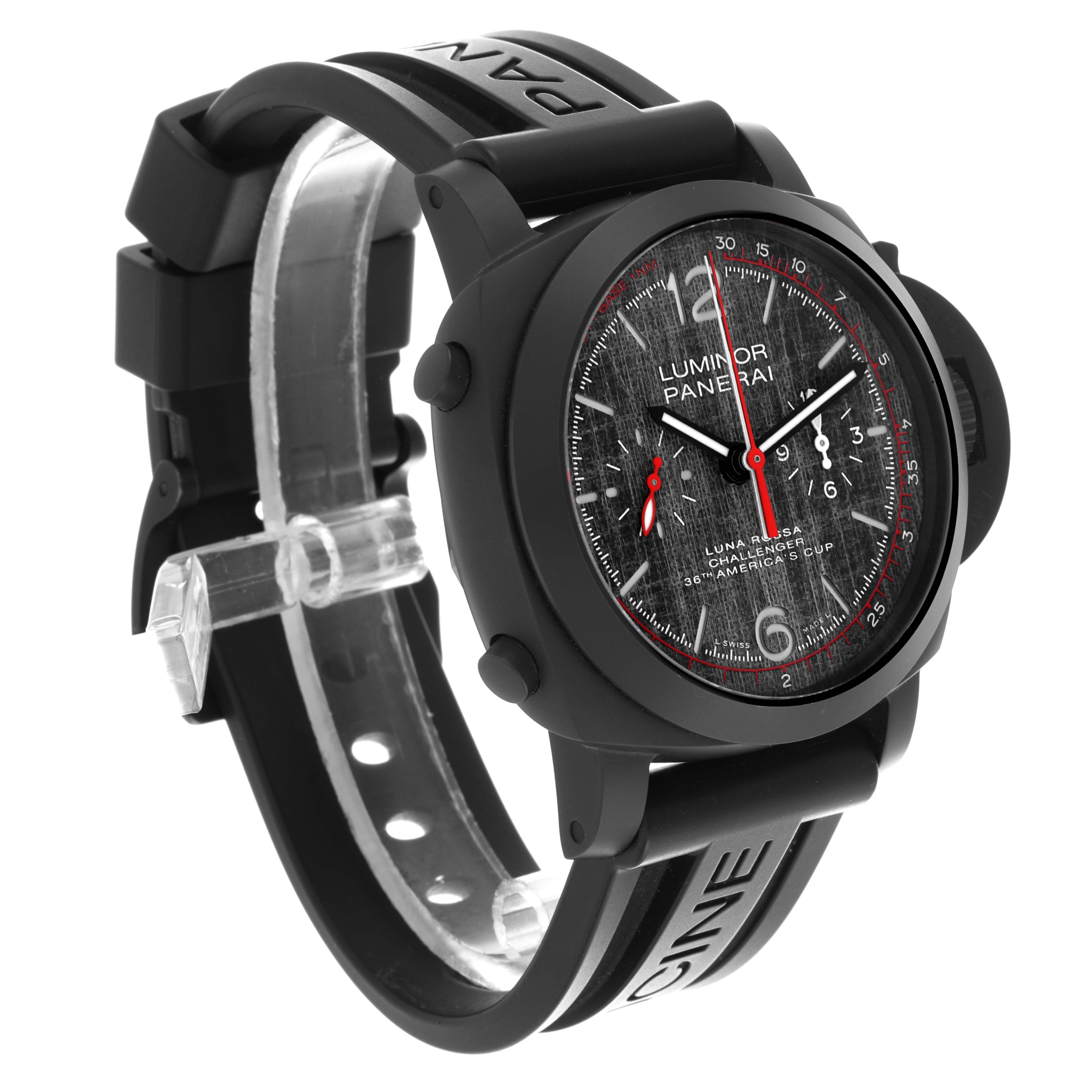 The Panerai Luminor PAM01037 Men's Ceramic Grey Dial PAM01037 Men's Ceramic Grey Dial watch is shown from a three-quarter angle, highlighting its face, bezel, and rubber strap.