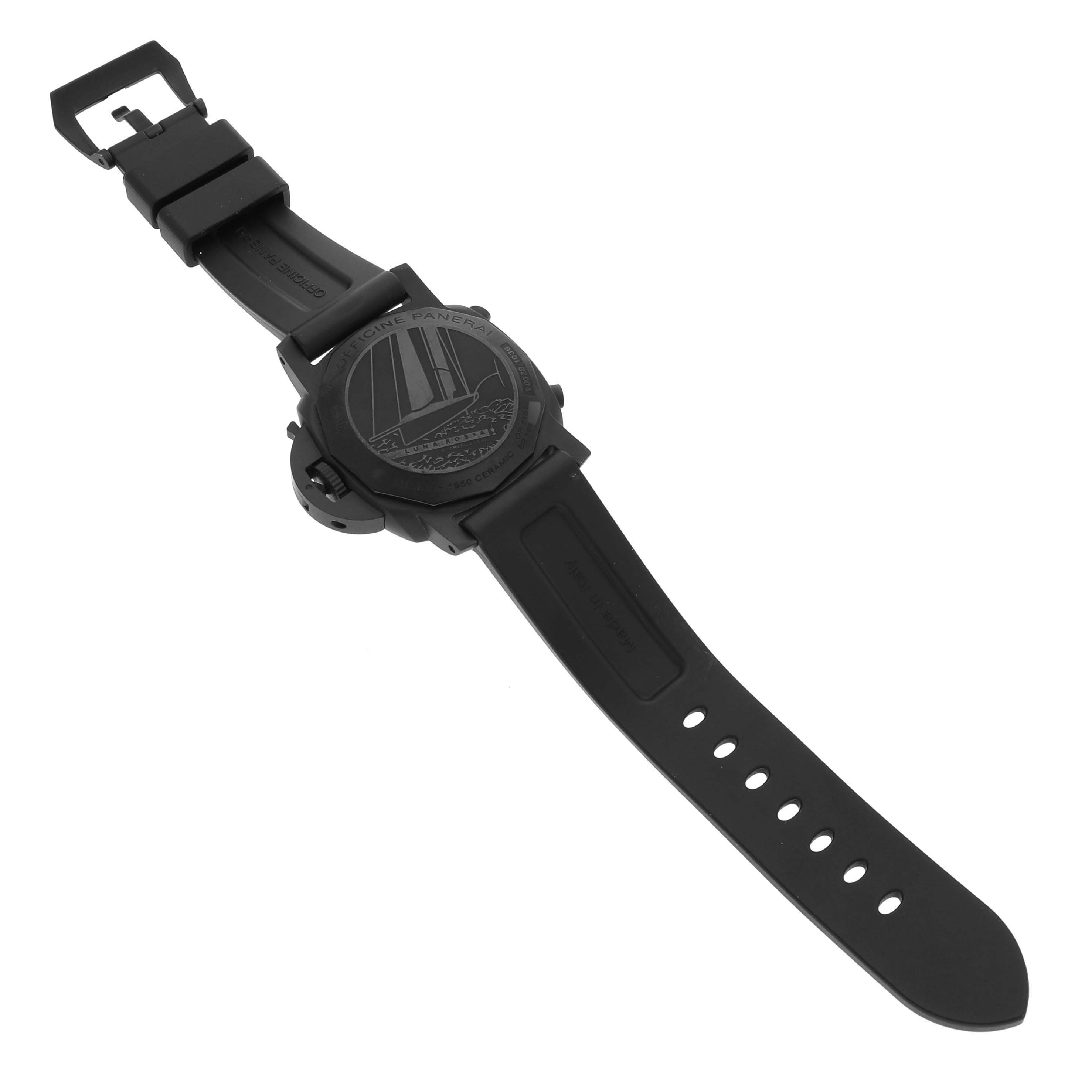 The image shows the back view of the Panerai Luminor PAM01037 Men's Ceramic Grey Dial PAM01037 Men's Ceramic Grey Dial watch, focusing on the case back and rubber strap.
