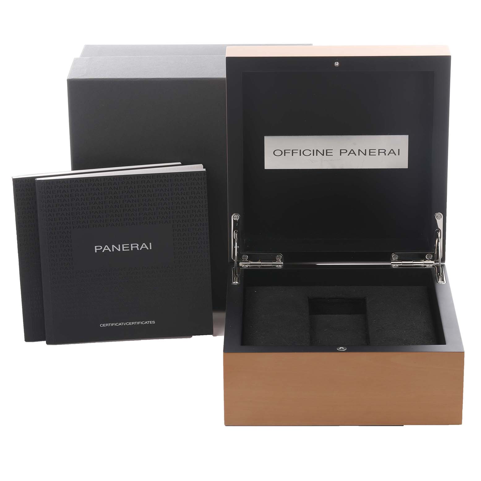 The image shows an open Panerai Radiomir PAM00424 Men's Stainless Steel Black Dial PAM00424 Men's Stainless Steel Black Dial box, with the lid labeled "OFFICINE PANERAI," along with accompanying booklets.