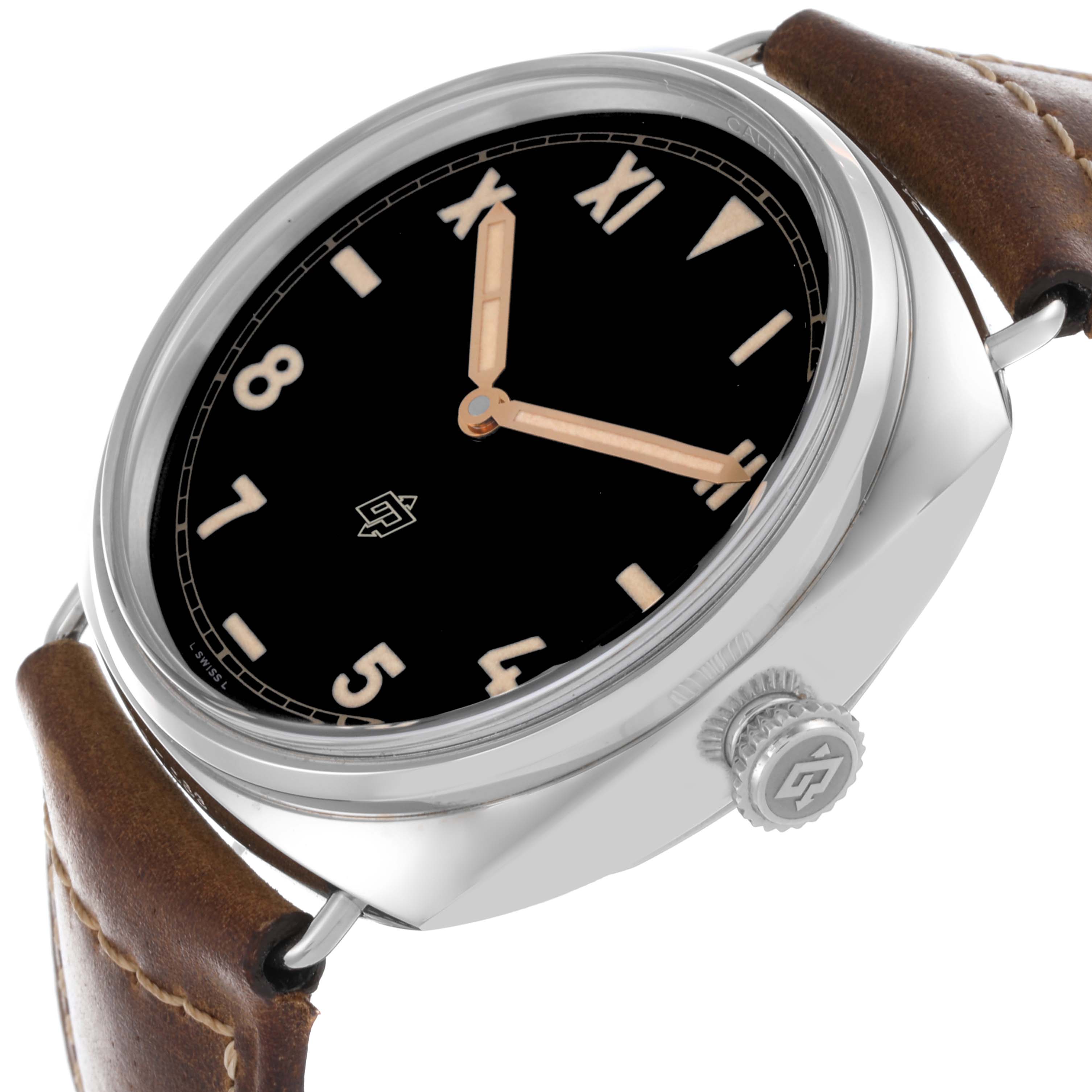 The Panerai Radiomir PAM00424 Men's Stainless Steel Black Dial PAM00424 Men's Stainless Steel Black Dial watch is shown at an angle highlighting the dial, crown, and leather strap.