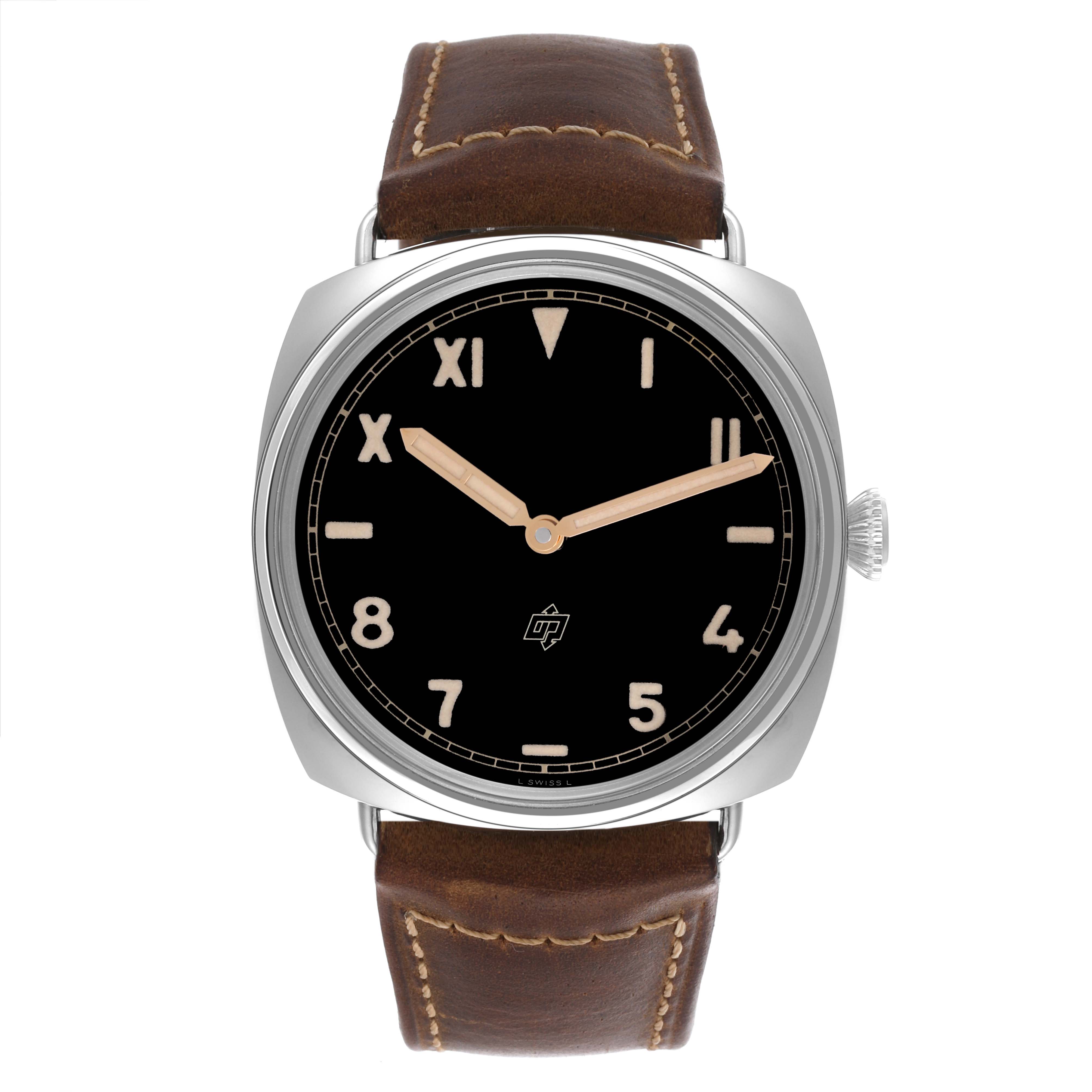 The Panerai Radiomir PAM00424 Men's Stainless Steel Black Dial PAM00424 Men's Stainless Steel Black Dial watch is shown from a front angle, highlighting its face, case, and leather strap.