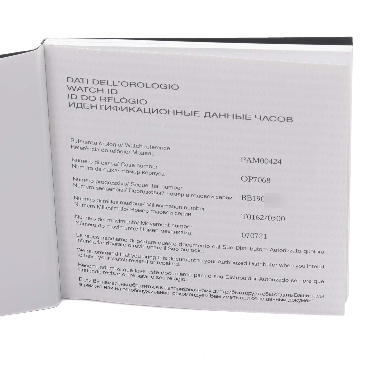 The image shows an open Panerai Radiomir PAM00424 Men's Stainless Steel Black Dial PAM00424 Men's Stainless Steel Black Dial watch booklet displaying watch identification details and reference numbers.