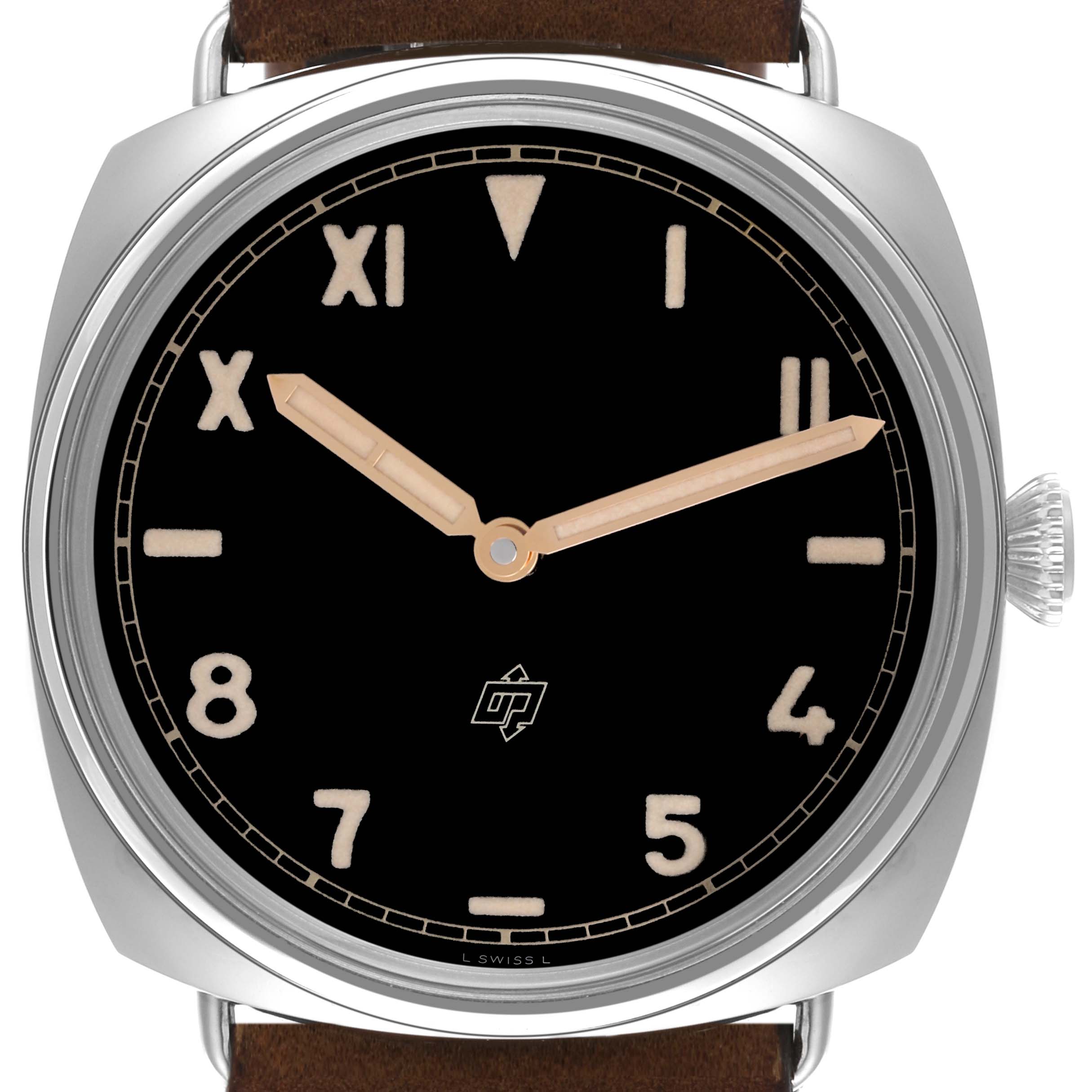 The image shows a front view of the Panerai Radiomir PAM00424 Men's Stainless Steel Black Dial PAM00424 Men's Stainless Steel Black Dial watch, highlighting its dial, hands, and crown.