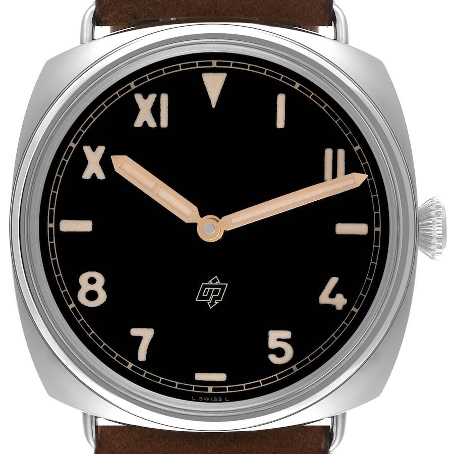 The image shows a front view of the Panerai Radiomir watch, highlighting its dial, hands, and crown.