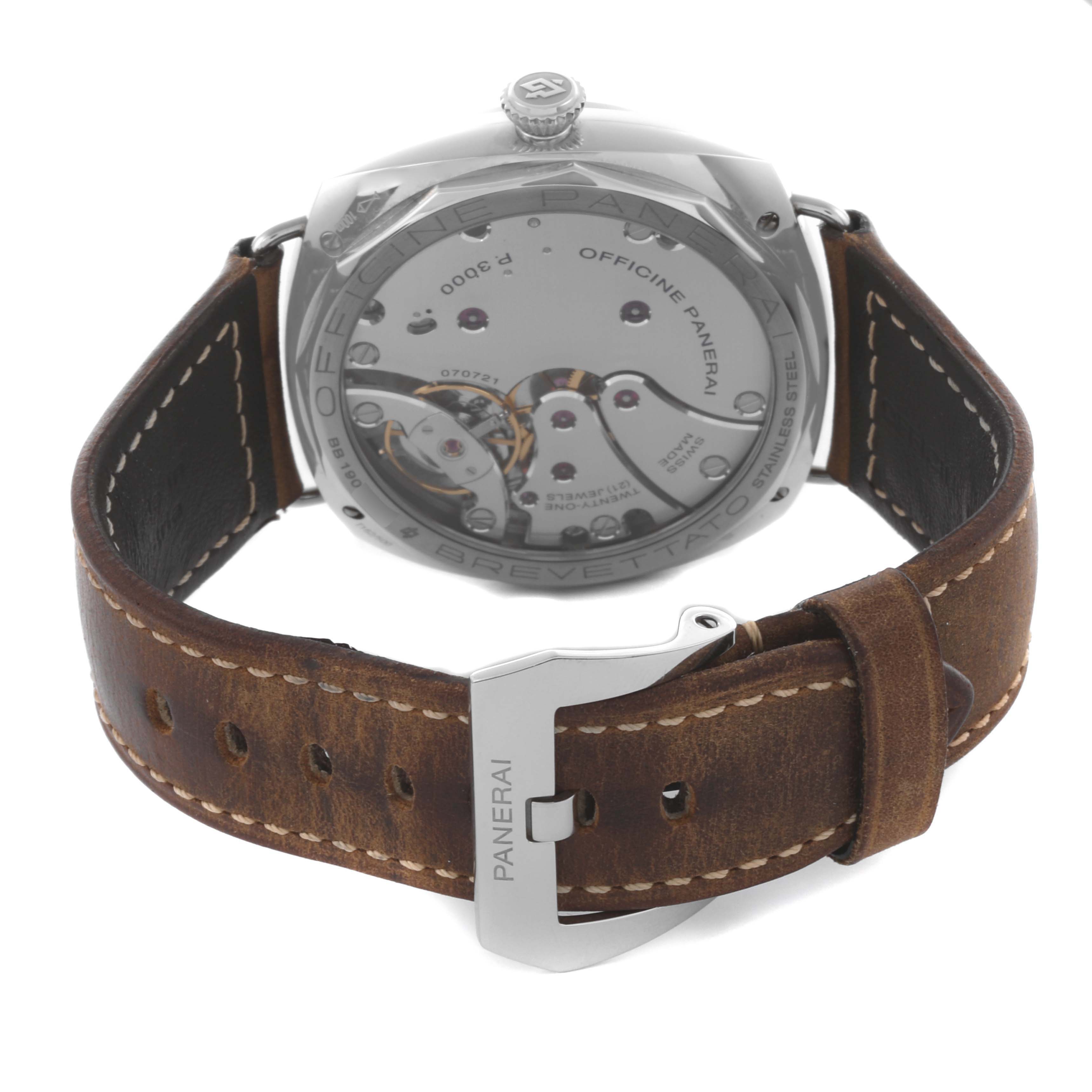 The image shows the back view of a Panerai Radiomir PAM00424 Men's Stainless Steel Black Dial PAM00424 Men's Stainless Steel Black Dial watch, displaying the movement and leather strap with a buckle.