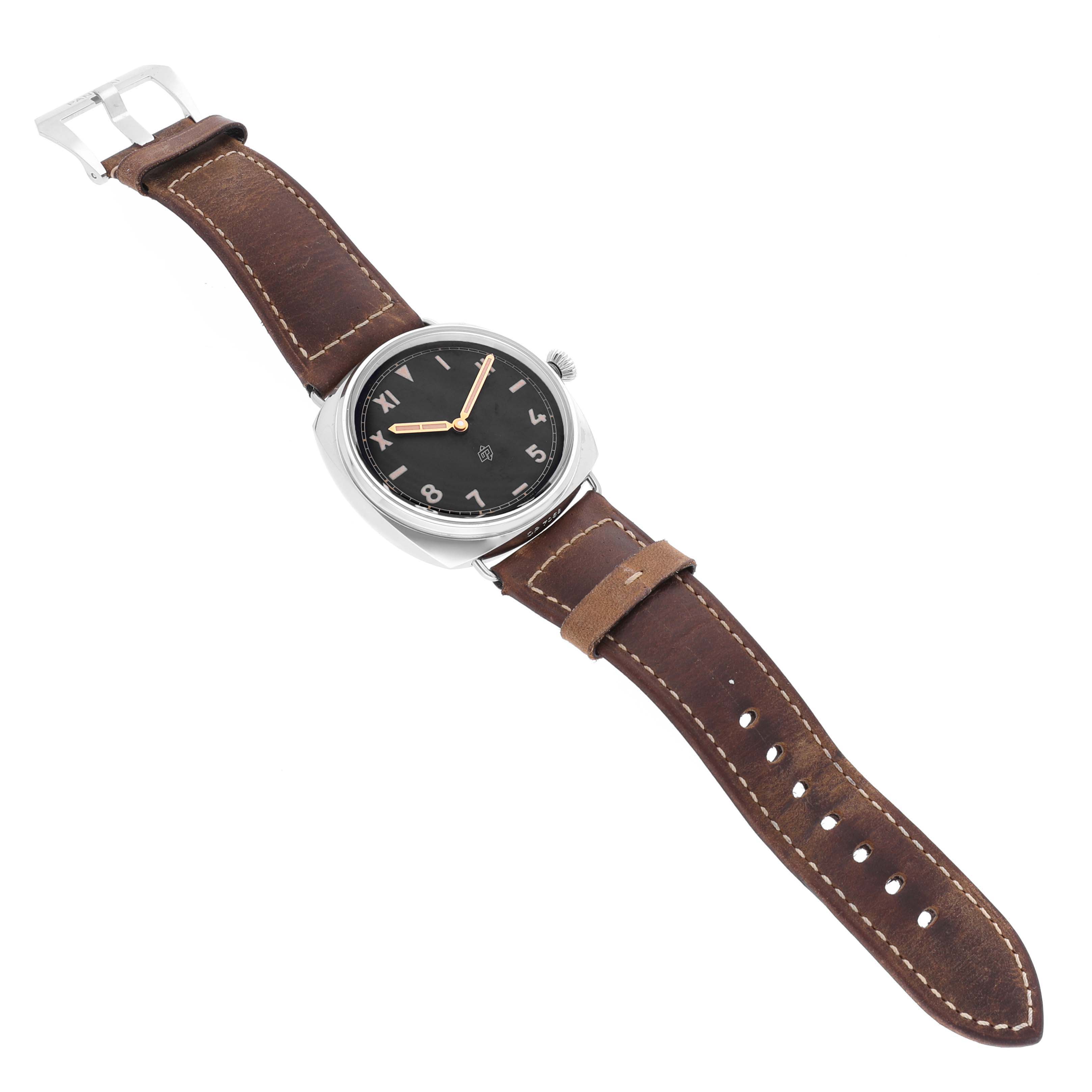 The image shows a Panerai Radiomir PAM00424 Men's Stainless Steel Black Dial PAM00424 Men's Stainless Steel Black Dial watch from a top-down angle, displaying the black dial, brown leather strap, and silver buckle.