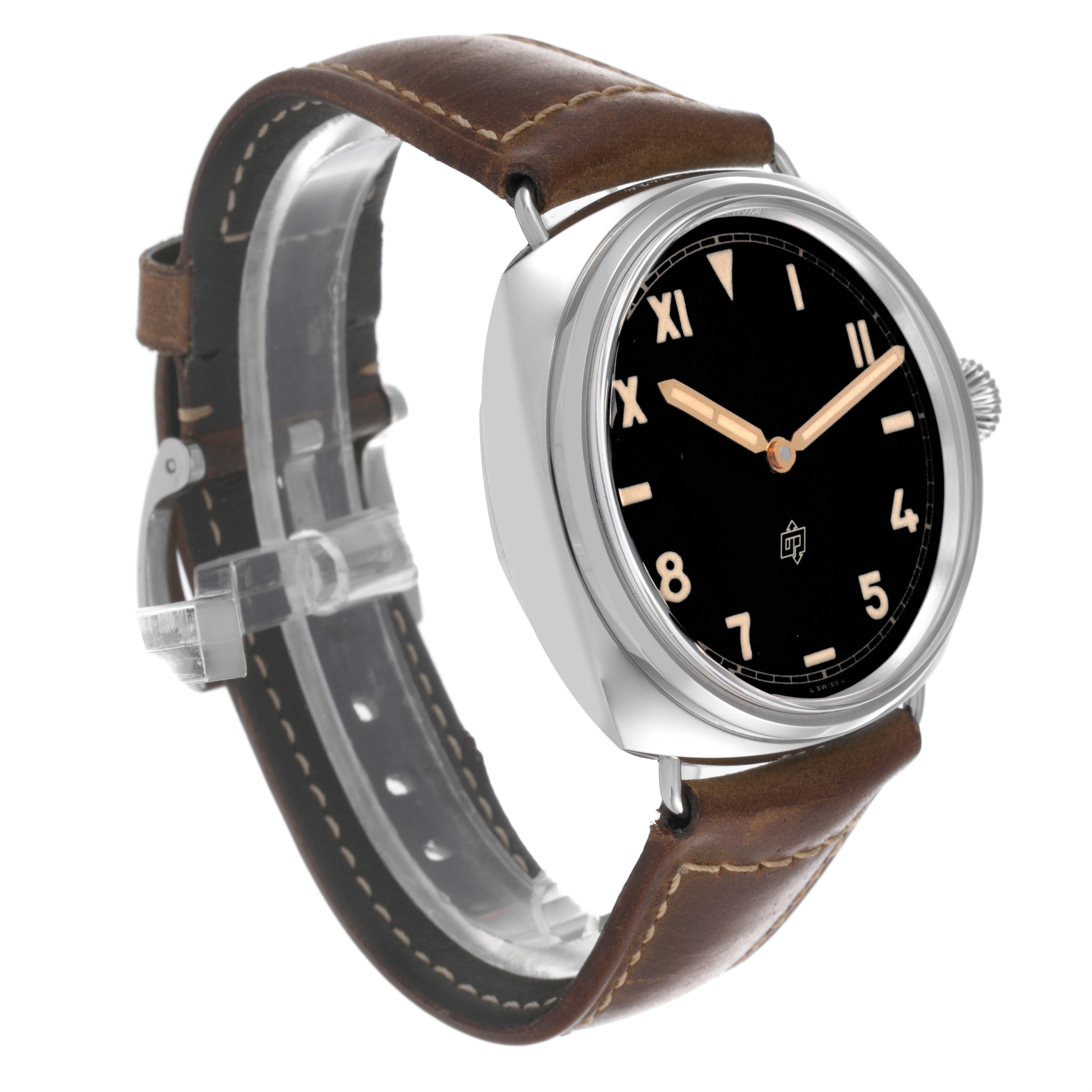The Panerai Radiomir PAM00424 Men's Stainless Steel Black Dial PAM00424 Men's Stainless Steel Black Dial watch is shown from a side angle, highlighting the brown leather strap and black dial.