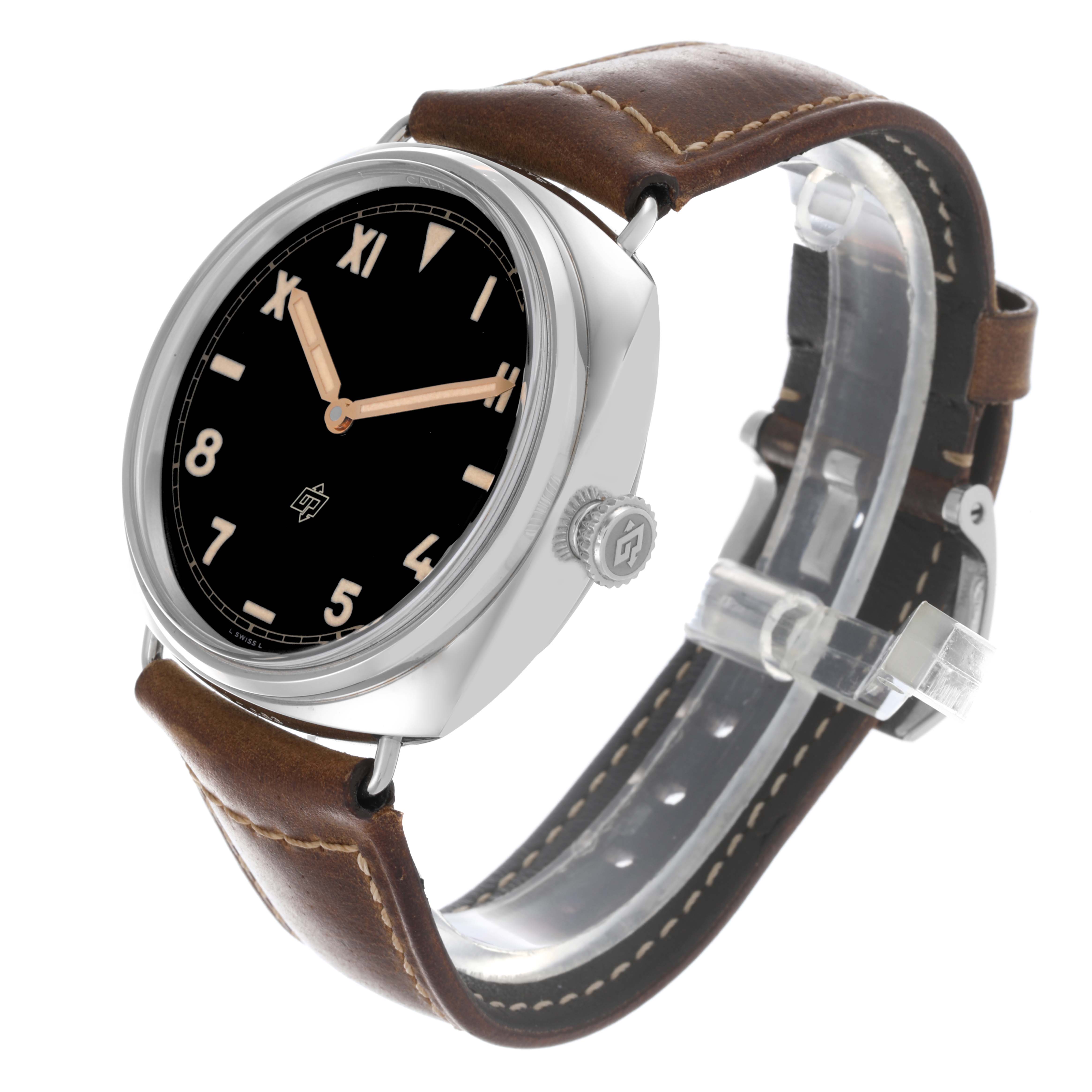 The Panerai Radiomir PAM00424 Men's Stainless Steel Black Dial PAM00424 Men's Stainless Steel Black Dial watch is shown at a slight angle, highlighting the case, dial, crown, and leather strap.