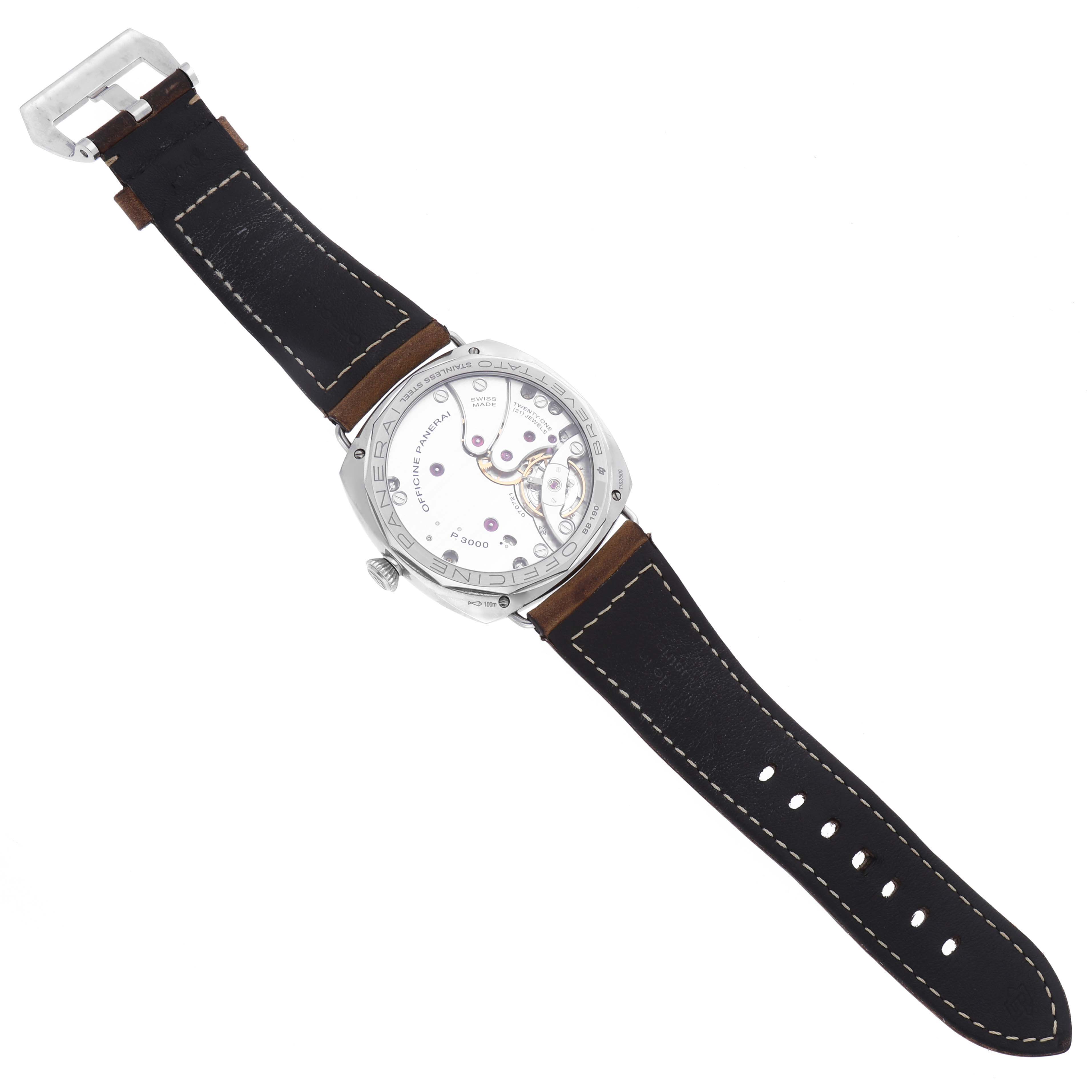 The image shows the back view of a Panerai Radiomir PAM00424 Men's Stainless Steel Black Dial PAM00424 Men's Stainless Steel Black Dial watch, highlighting its movement and case back.