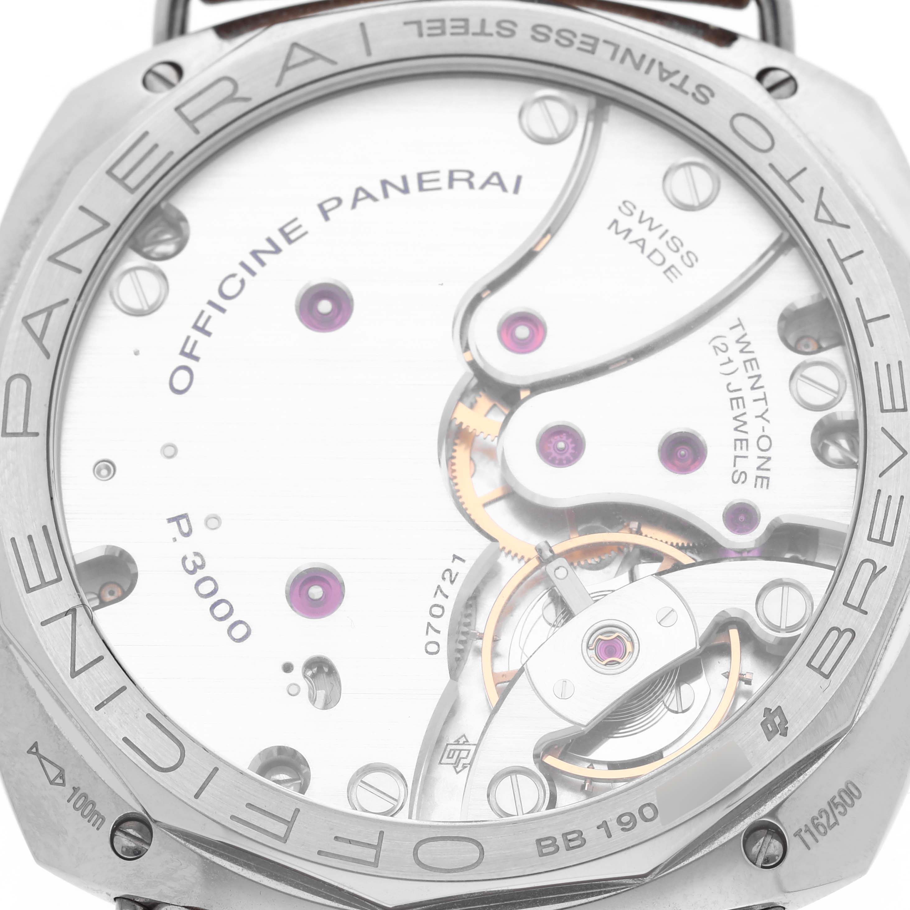 The image shows the back view of a Panerai Radiomir PAM00424 Men's Stainless Steel Black Dial PAM00424 Men's Stainless Steel Black Dial watch, highlighting the movement and components inside.