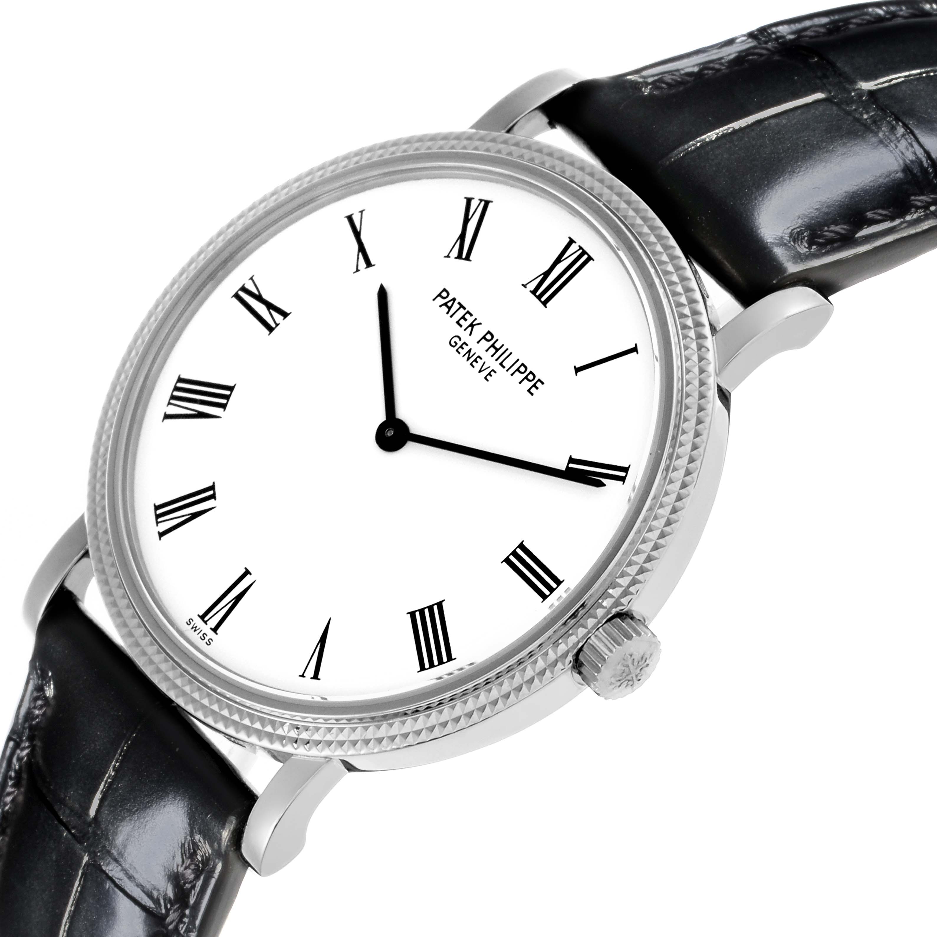 The image shows a Patek Philippe Calatrava 5120G Men's White Gold White Dial 5120G Men's White Gold White Dial watch at a slight angle, displaying the face, crown, and part of the strap.
