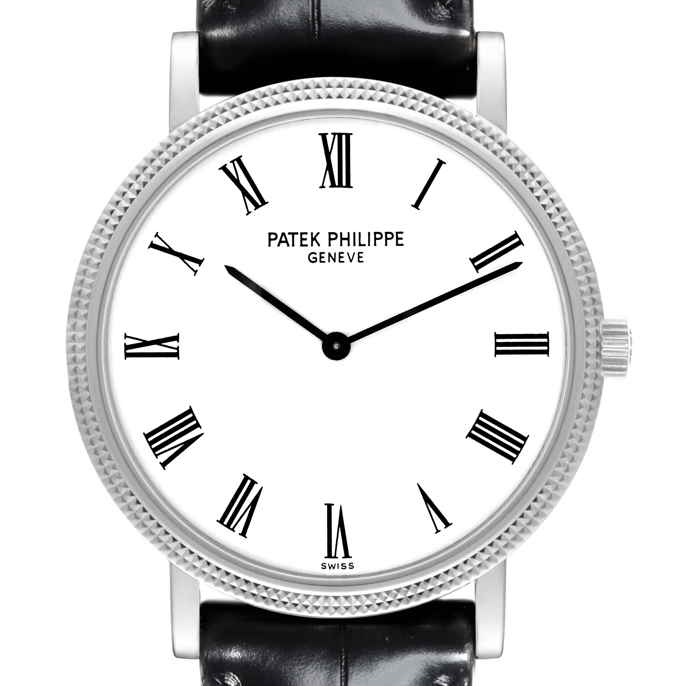The image shows the front view of the Patek Philippe Calatrava 5120G Men's White Gold White Dial 5120G Men's White Gold White Dial watch, highlighting its dial, hands, and strap attachment.