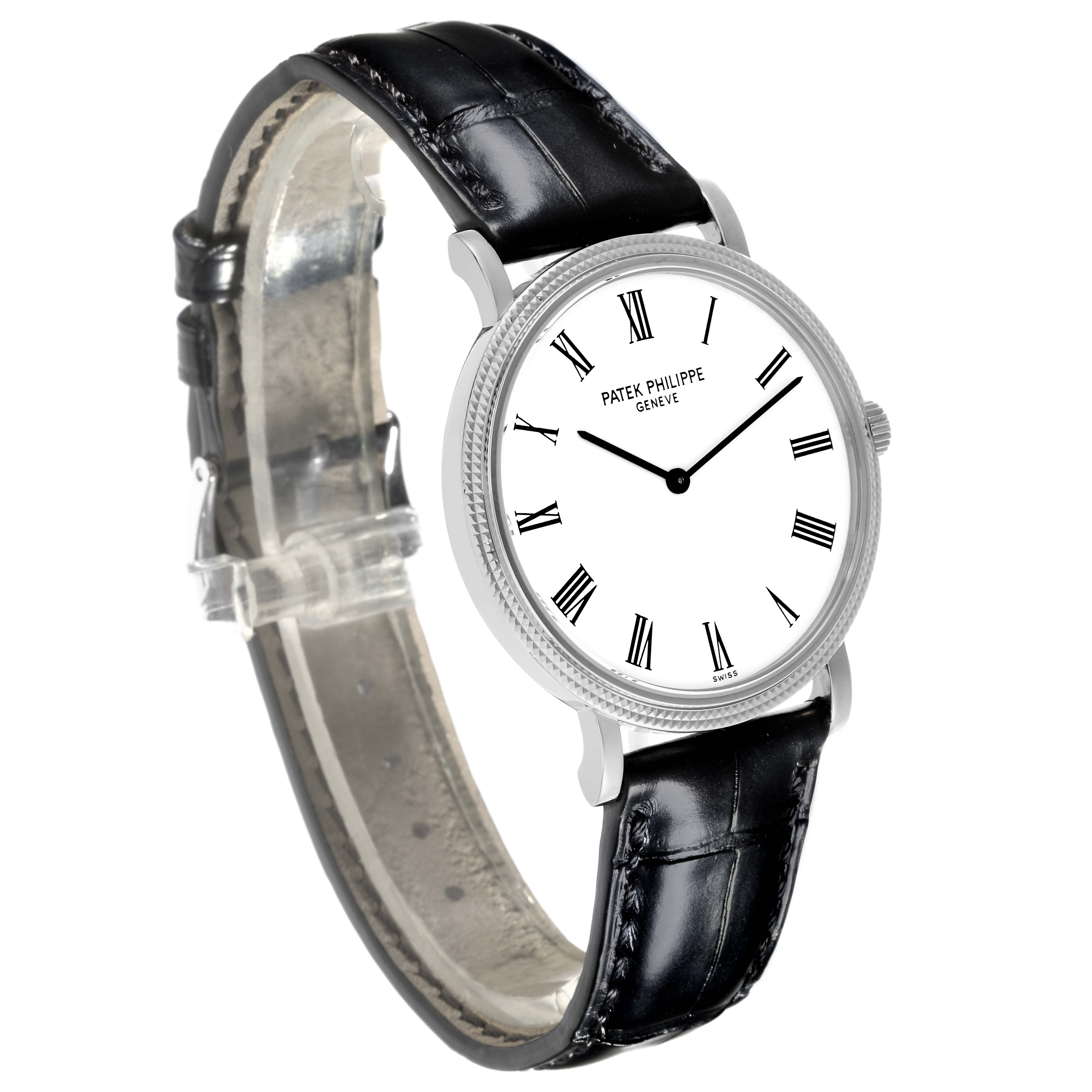 The Patek Philippe Calatrava 5120G Men's White Gold White Dial 5120G Men's White Gold White Dial watch is shown at a three-quarter angle, displaying the dial, case, crown, and leather strap.