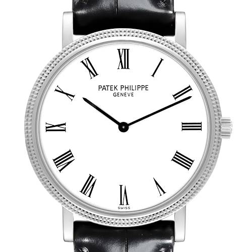 The image shows a front view of the Patek Philippe Calatrava watch, displaying its dial, case, and part of the strap.