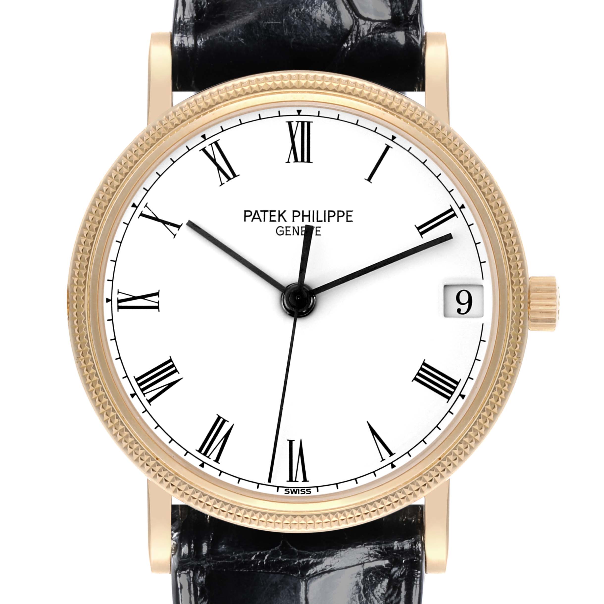 The image shows a frontal view of the Patek Philippe Calatrava 3802/200 Men's Yellow Gold White Dial 3802/200 Men's Yellow Gold White Dial, highlighting its dial, hands, and date window.