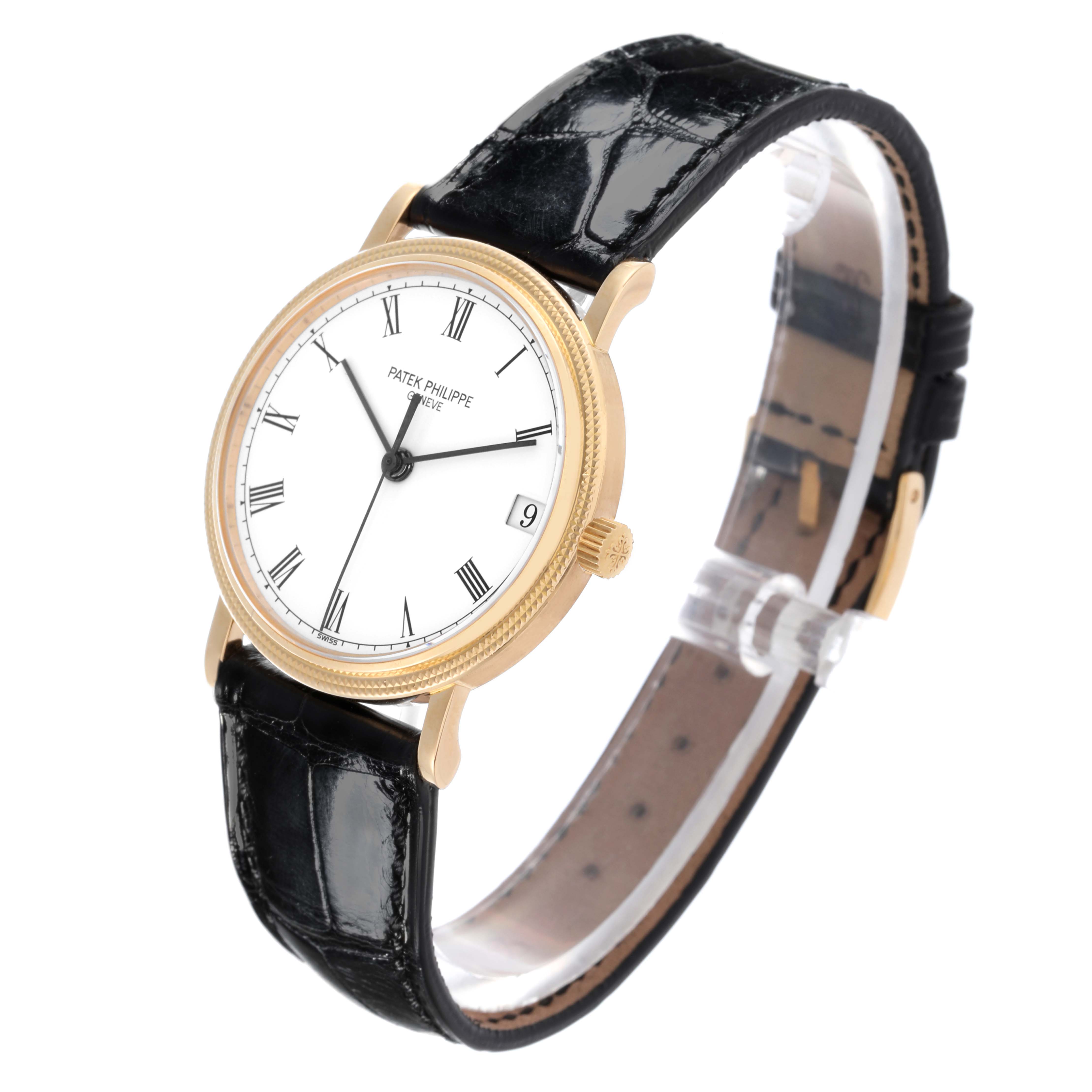 The Patek Philippe Calatrava 3802/200 Men's Yellow Gold White Dial 3802/200 Men's Yellow Gold White Dial watch is shown at a three-quarter angle, highlighting the dial, bezel, and leather strap.