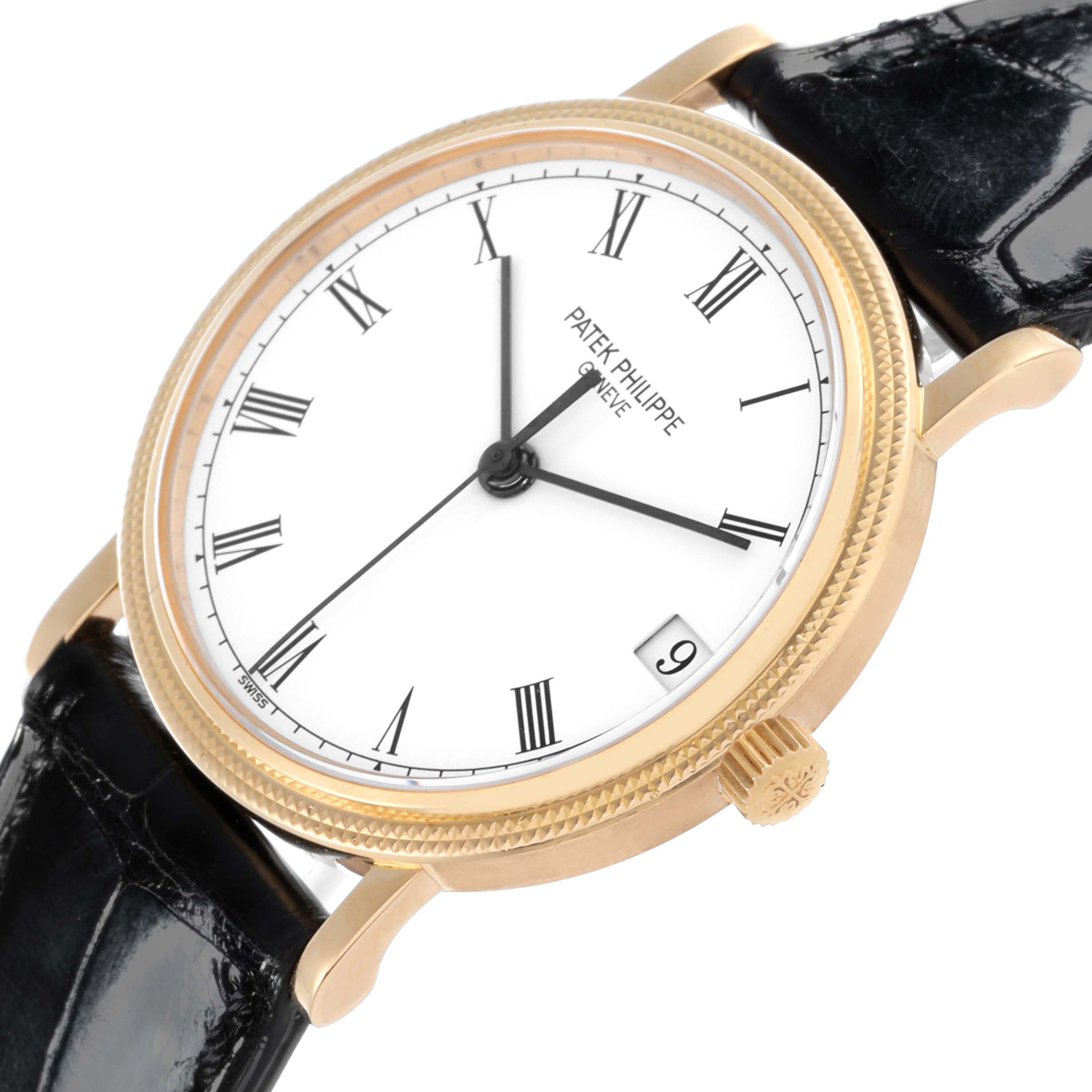The Patek Philippe Calatrava 3802/200 Men's Yellow Gold White Dial 3802/200 Men's Yellow Gold White Dial watch is shown at an angle displaying the face, crown, lugs, and leather strap.
