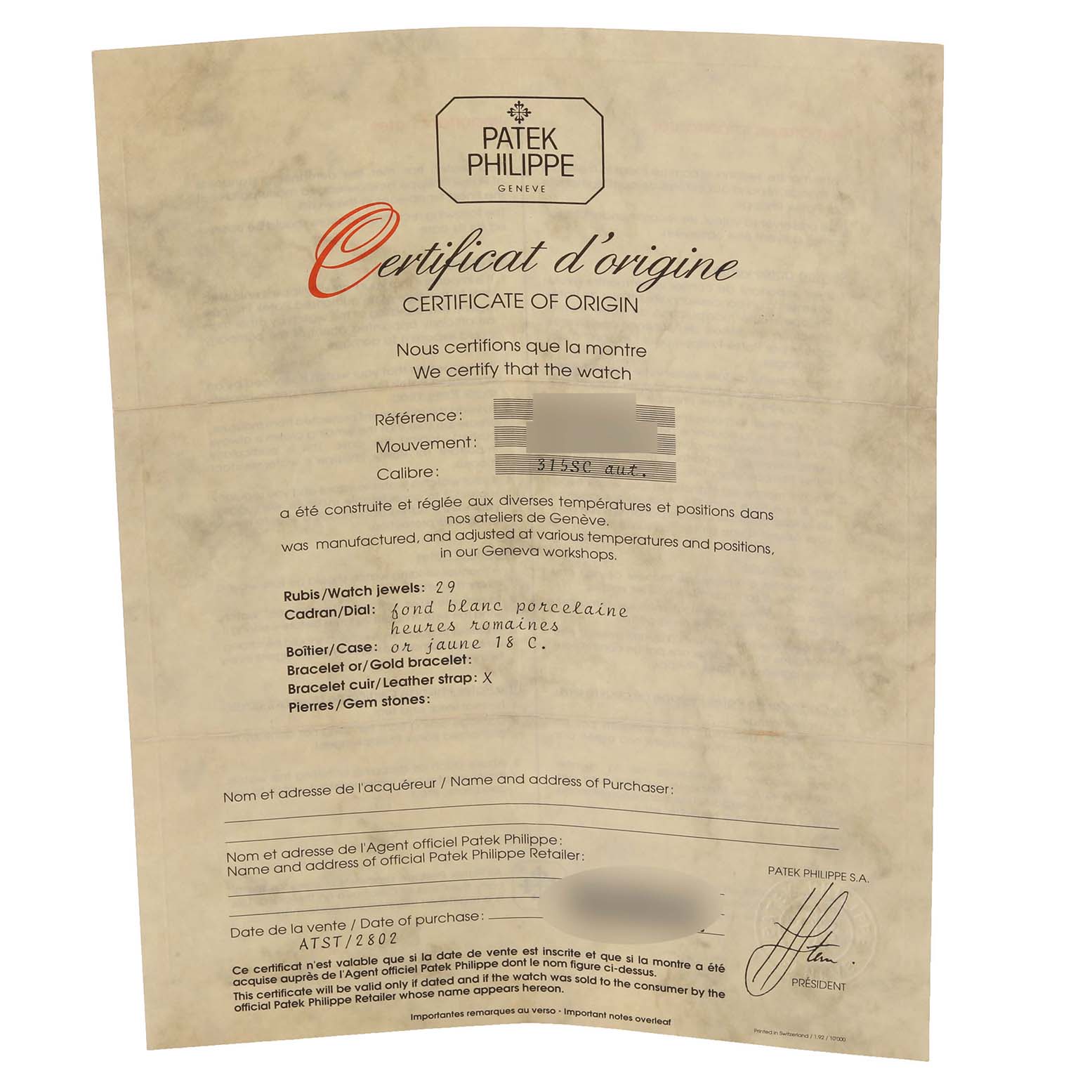 This image shows a certificate of origin for a Patek Philippe Calatrava 3802/200 Men's Yellow Gold White Dial 3802/200 Men's Yellow Gold White Dial watch, not the watch itself.