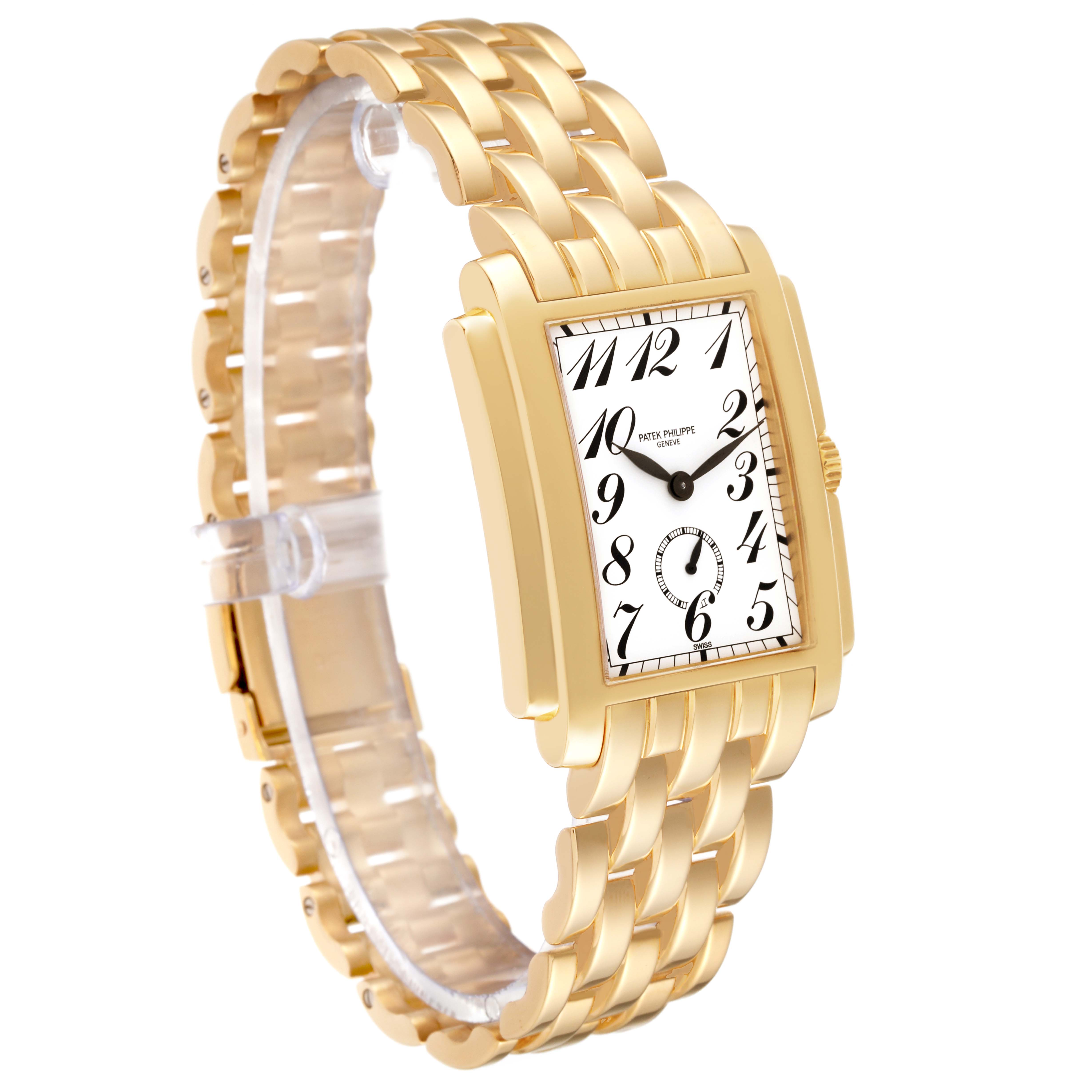 The image shows a Patek Philippe Gondolo 5024/1J-001 Men's Yellow Gold Silver Dial 5024/1J-001 Men's Yellow Gold Silver Dial watch at a 3/4 angle, showcasing the gold bracelet, dial, and case.