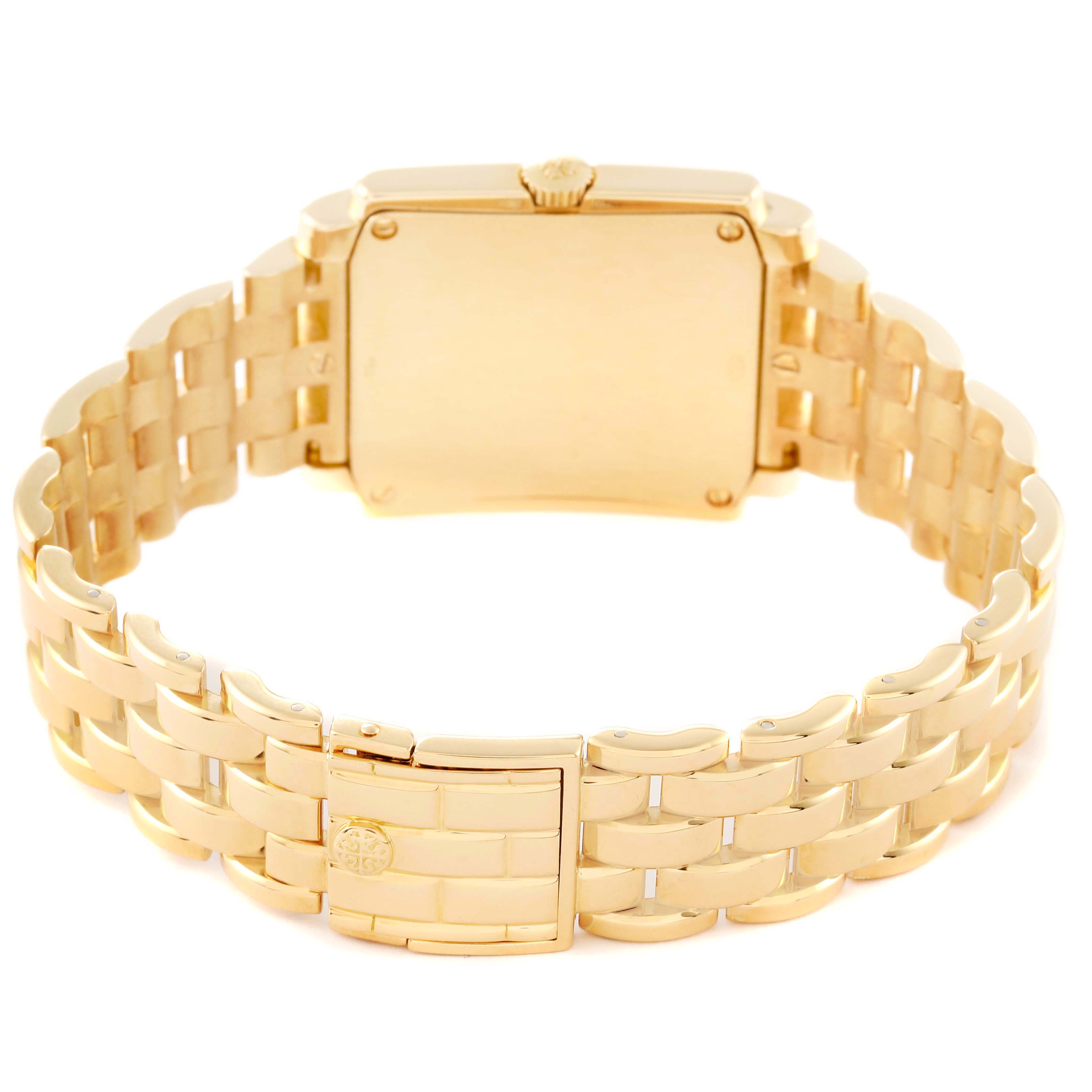The image shows the back view of a Patek Philippe Gondolo 5024/1J-001 Men's Yellow Gold Silver Dial 5024/1J-001 Men's Yellow Gold Silver Dial watch, highlighting its bracelet and clasp.
