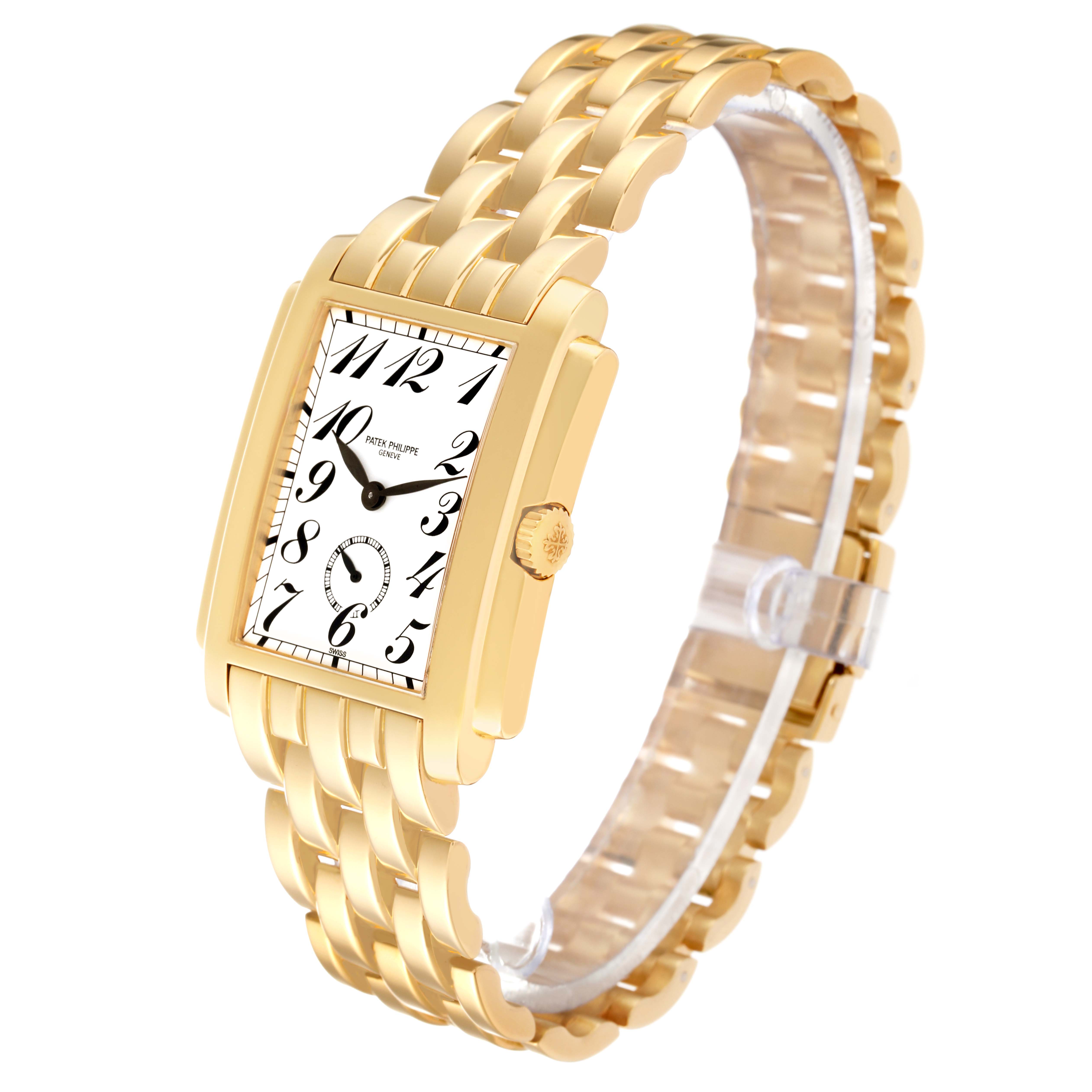 The image shows a Patek Philippe Gondolo 5024/1J-001 Men's Yellow Gold Silver Dial 5024/1J-001 Men's Yellow Gold Silver Dial watch at a slight angle, highlighting the gold case, bezel, crown, and bracelet.