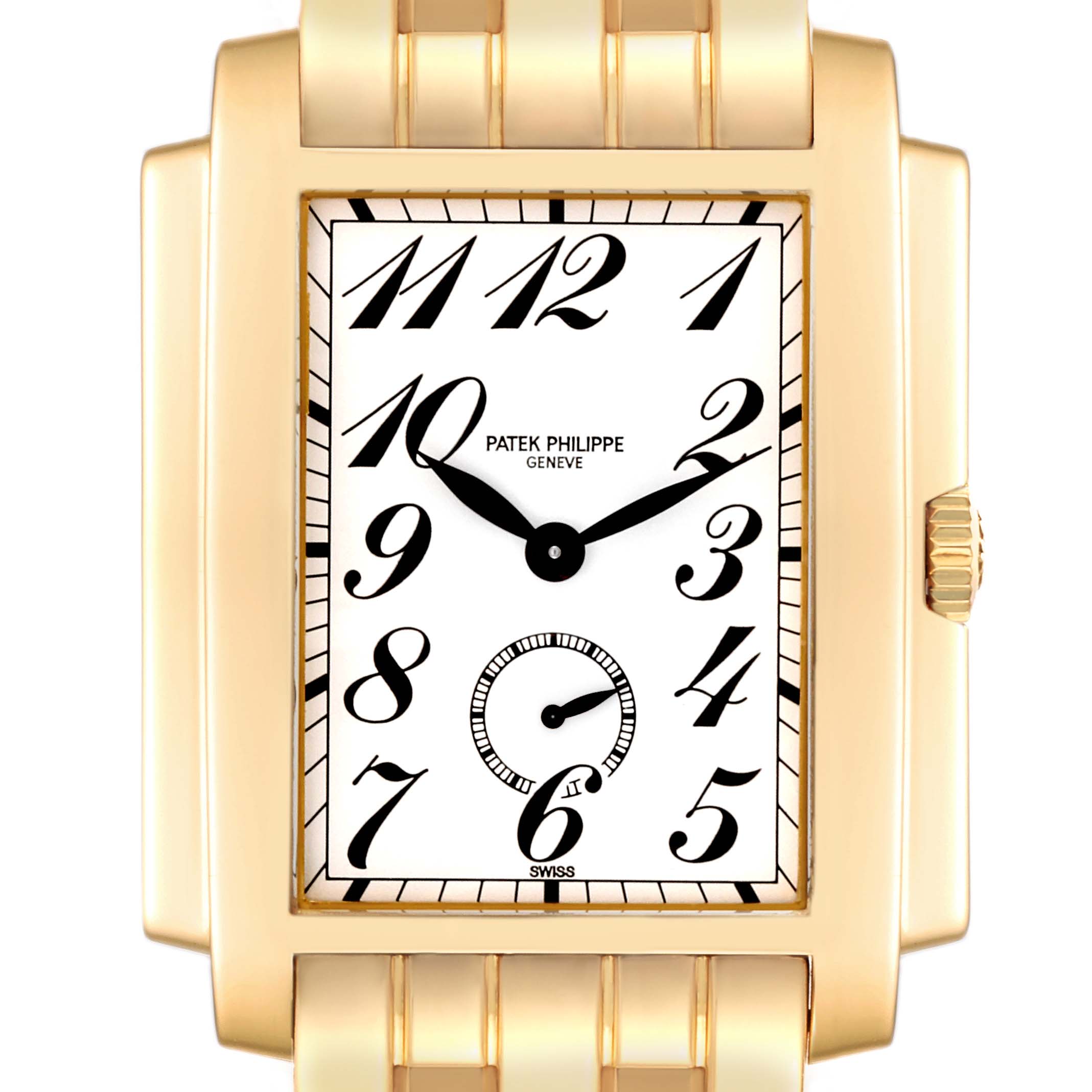 This image shows a front view of a Patek Philippe Gondolo 5024/1J-001 Men's Yellow Gold Silver Dial 5024/1J-001 Men's Yellow Gold Silver Dial watch featuring its face, case, and part of the bracelet.